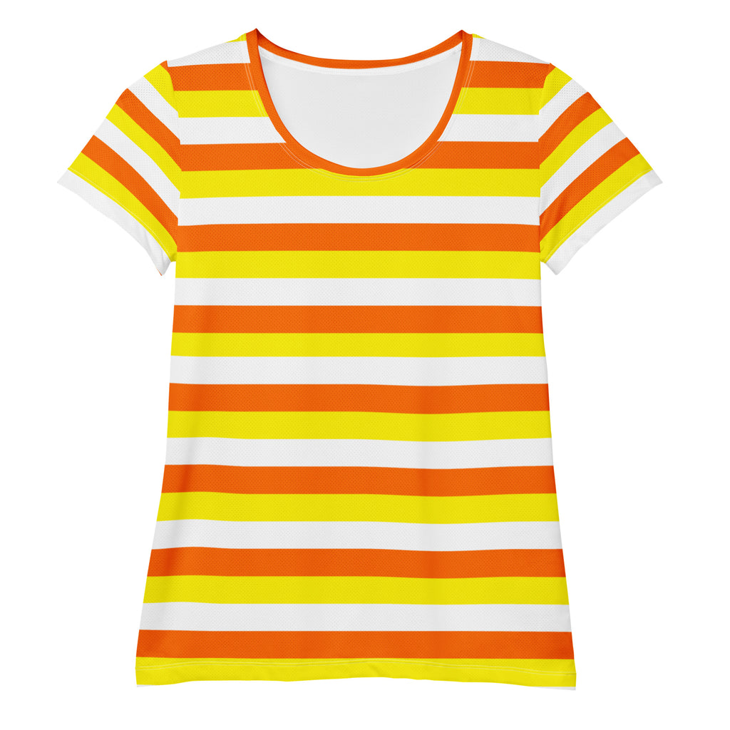 Women’s Candy Corn Stripes Performance Athletic T-Shirt - Lightweight Moisture Wicking Workout Top with UPF 50+