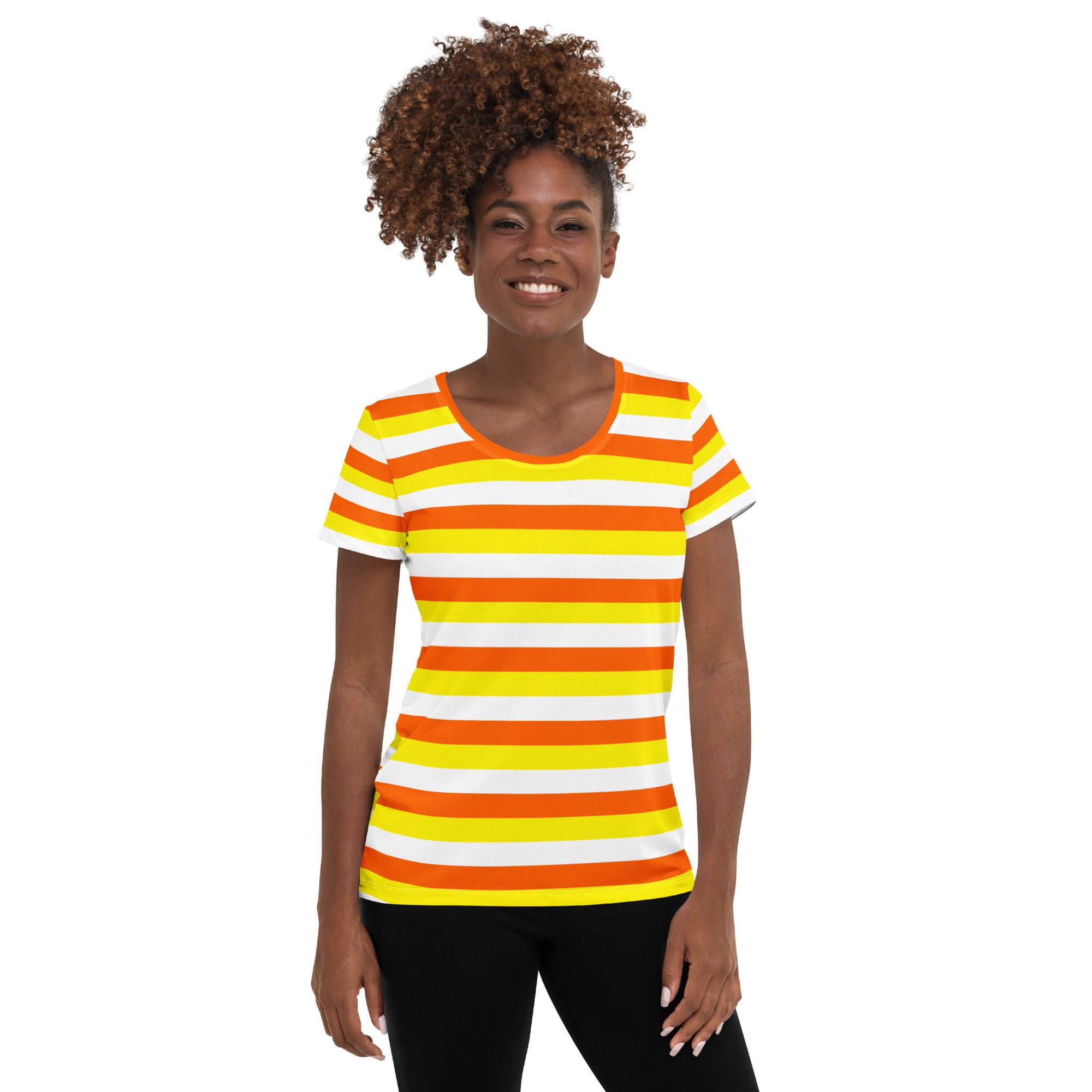 Women’s Candy Corn Stripes Performance Athletic T-Shirt - Lightweight Moisture Wicking Workout Top with UPF 50+