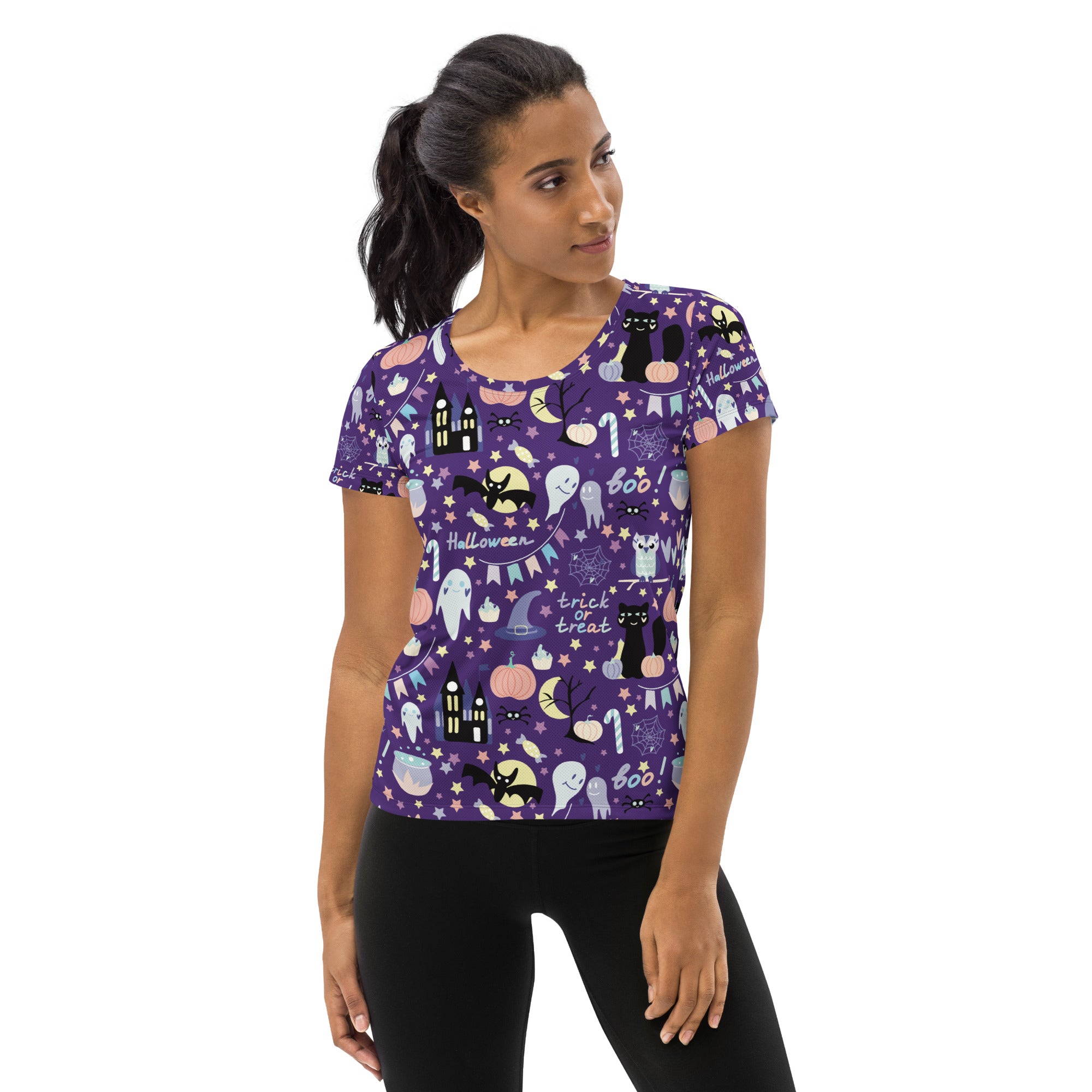 Women’s Spooky Halloween Performance Athletic T-Shirt - Lightweight Moisture Wicking Workout Top with UPF 50+