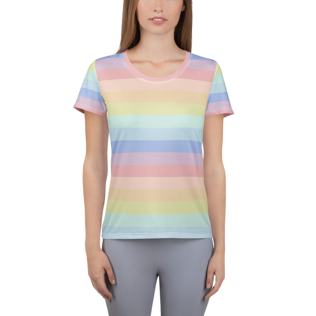 Women’s Colorful Pastel Striped Performance Athletic T-Shirt - Lightweight Moisture Wicking Workout Top with UPF 50+