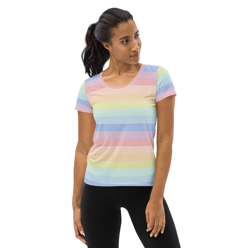 Women’s Colorful Pastel Striped Performance Athletic T-Shirt - Lightweight Moisture Wicking Workout Top with UPF 50+