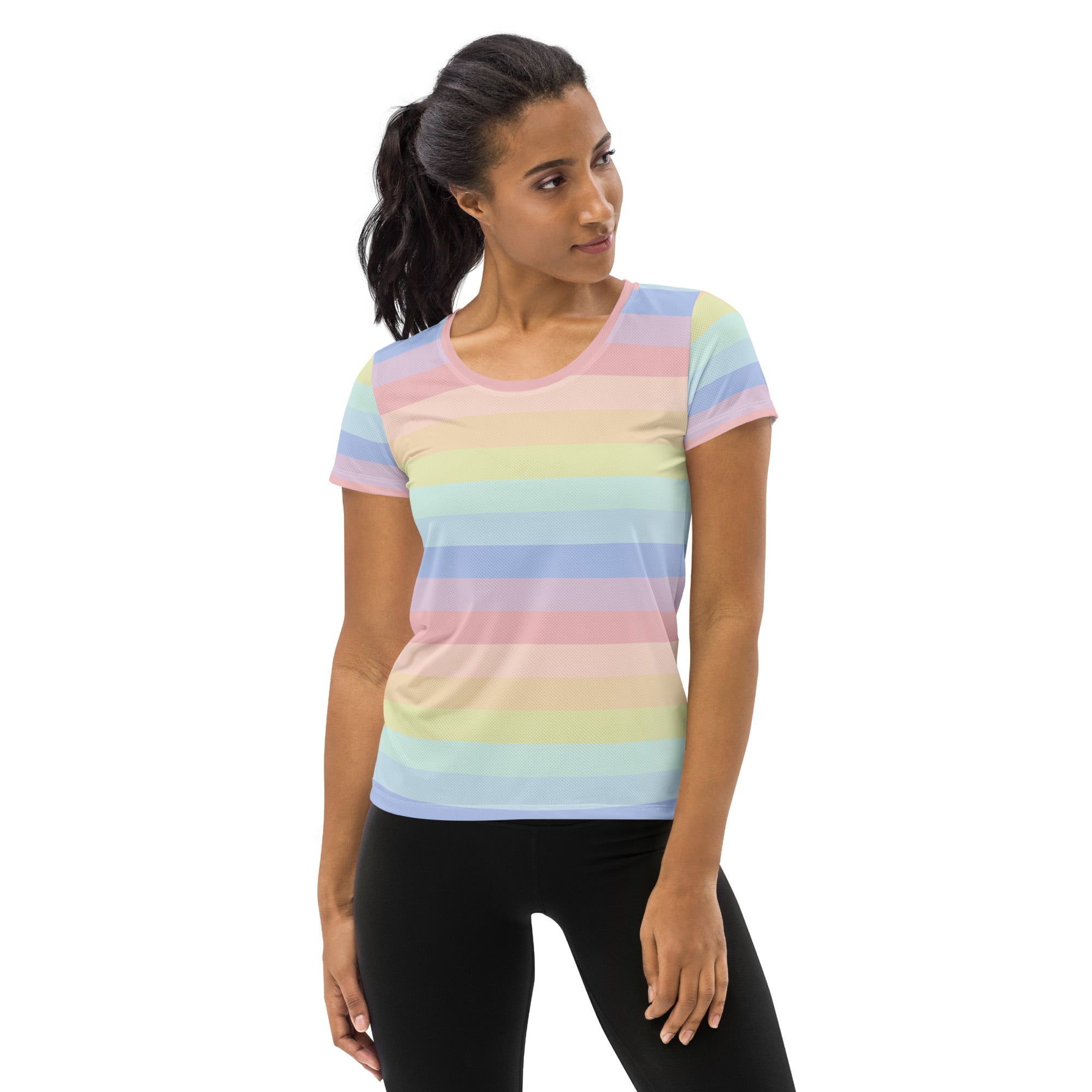 Women’s Colorful Pastel Striped Performance Athletic T-Shirt - Lightweight Moisture Wicking Workout Top with UPF 50+