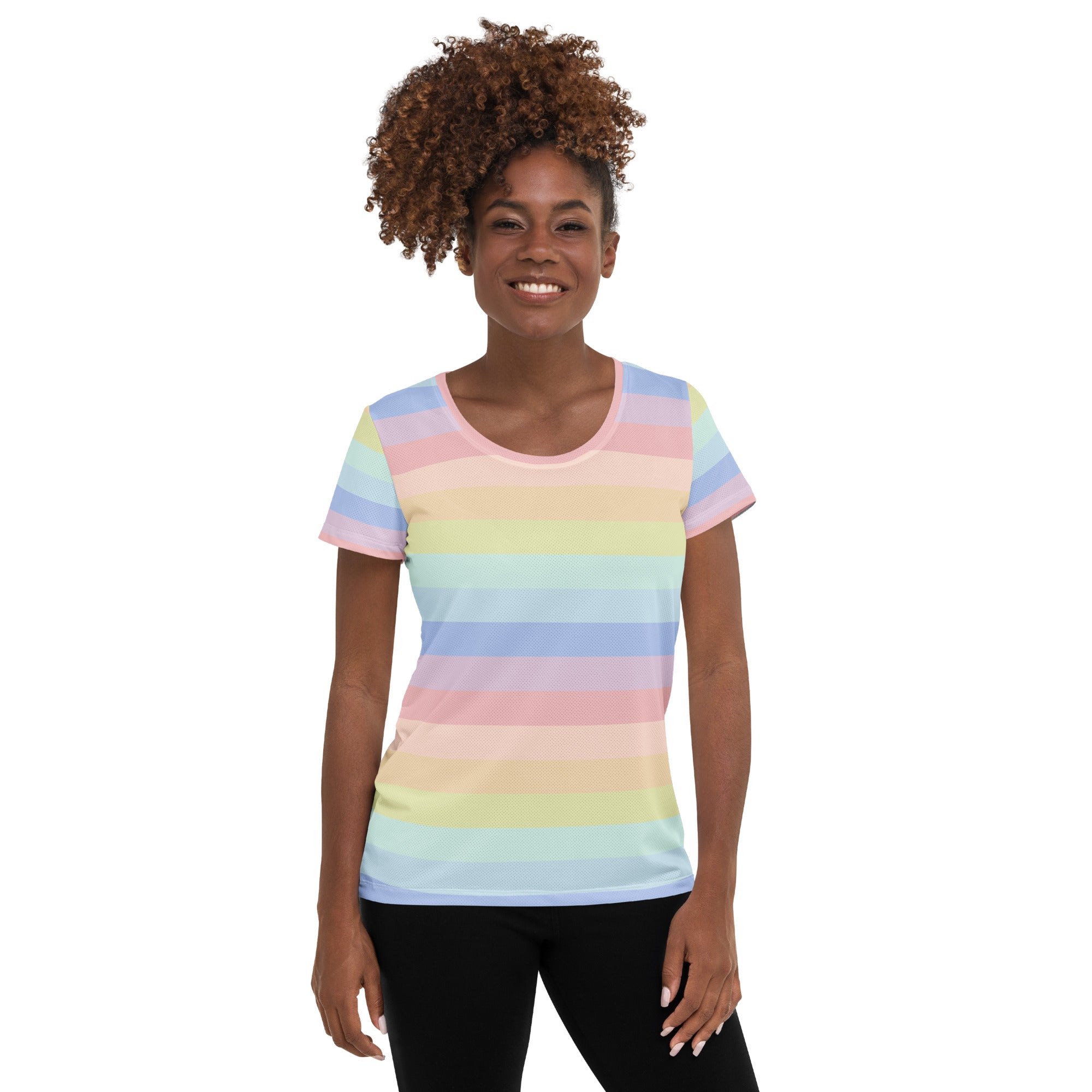 Women’s Colorful Pastel Striped Performance Athletic T-Shirt - Lightweight Moisture Wicking Workout Top with UPF 50+
