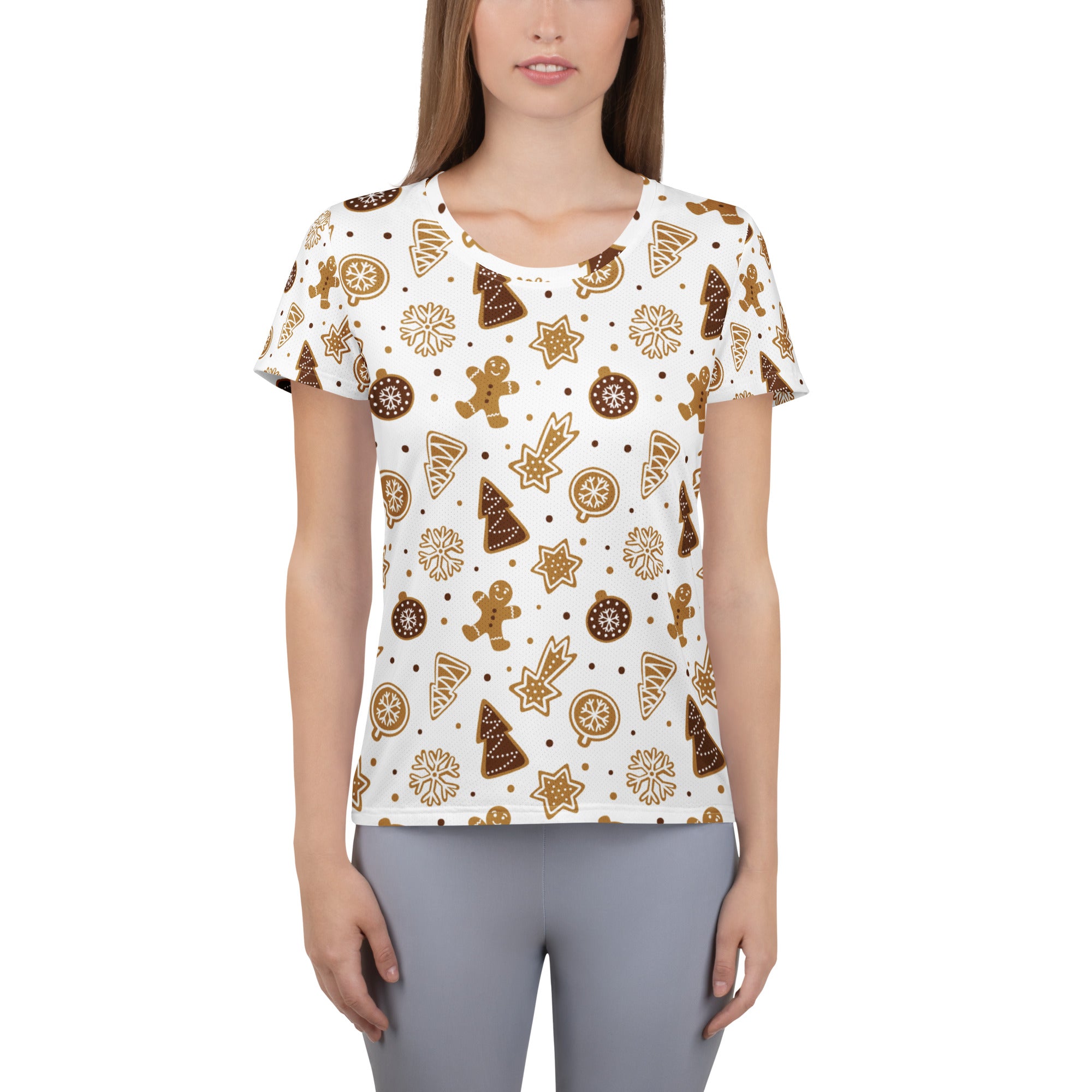Women’s Gingerbread Cookies Christmas Performance Athletic T-Shirt - Lightweight Moisture Wicking Workout Top with UPF 50+