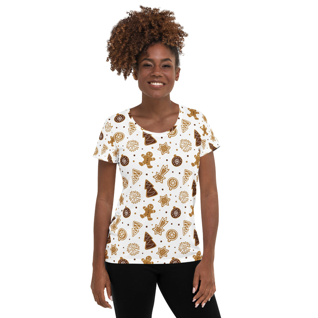 Women’s Gingerbread Cookies Christmas Performance Athletic T-Shirt - Lightweight Moisture Wicking Workout Top with UPF 50+