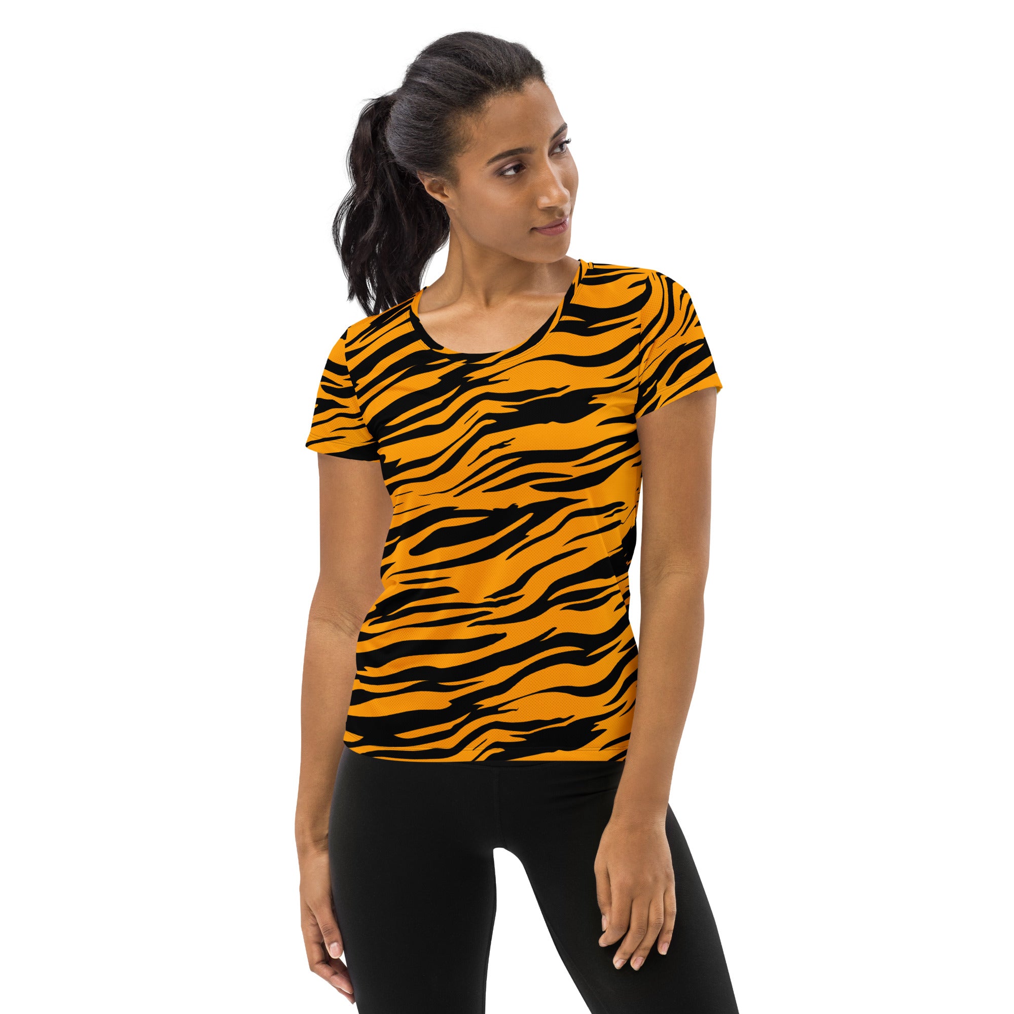 Women’s Tiger Stripe Performance Athletic T-Shirt - Lightweight Moisture Wicking Workout Top with UPF 50+
