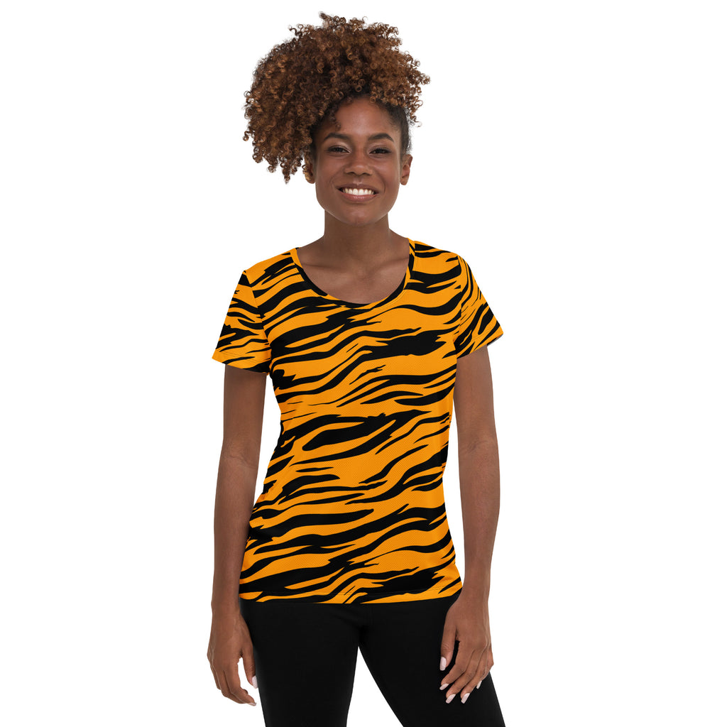 Women’s Tiger Stripe Performance Athletic T-Shirt - Lightweight Moisture Wicking Workout Top with UPF 50+