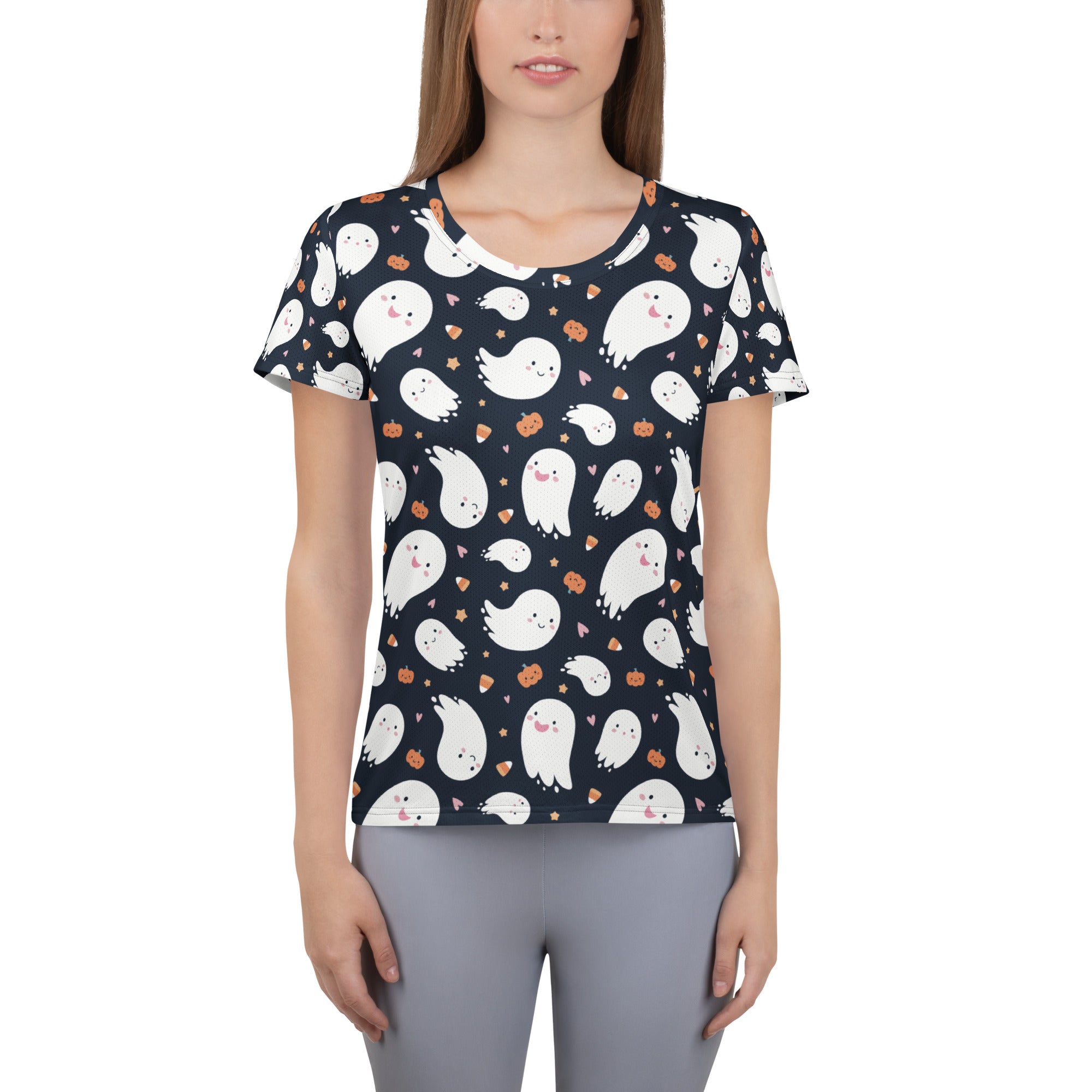 Women’s Ghost Halloween Performance Athletic T-Shirt - Lightweight Moisture Wicking Workout Top with UPF 50+