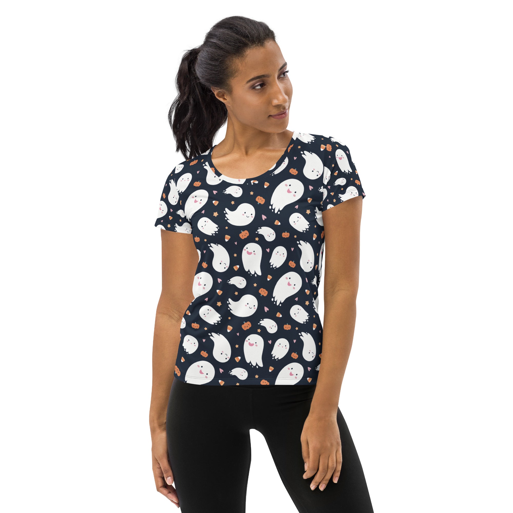 Women’s Ghost Halloween Performance Athletic T-Shirt - Lightweight Moisture Wicking Workout Top with UPF 50+