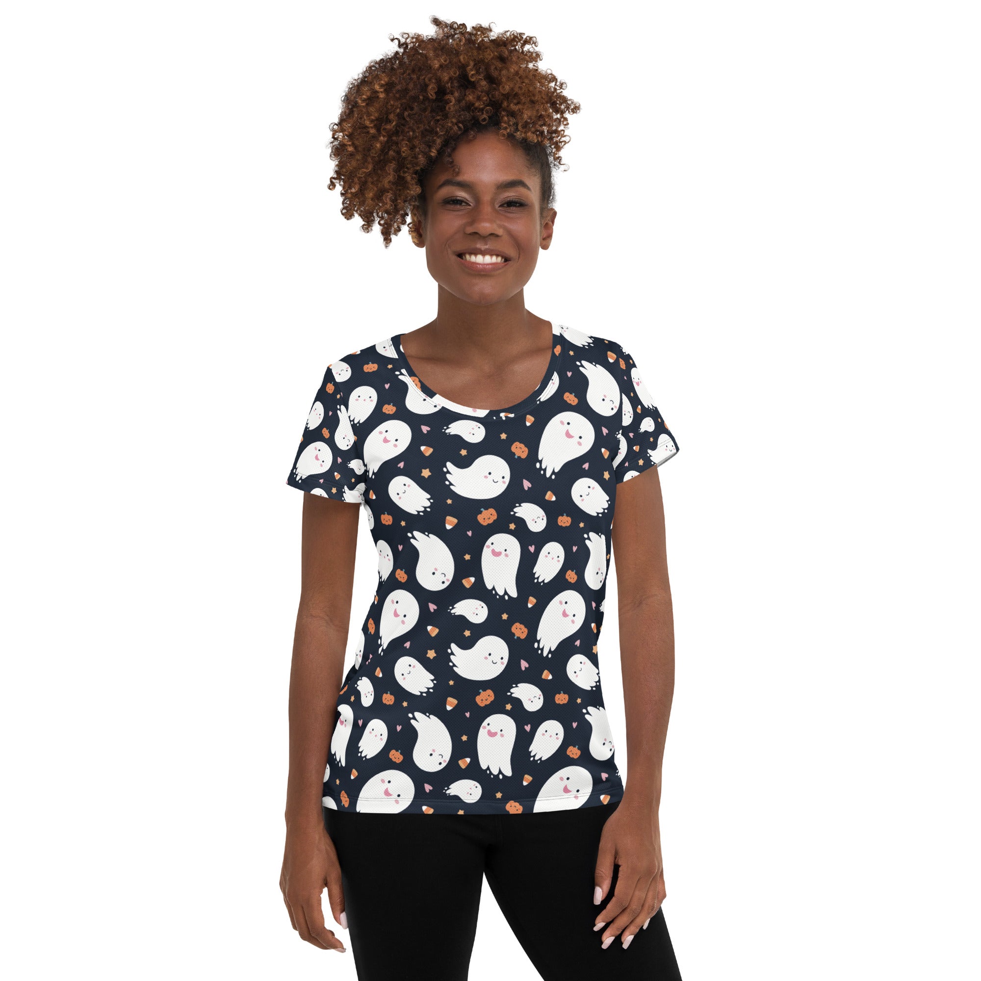 Women’s Ghost Halloween Performance Athletic T-Shirt - Lightweight Moisture Wicking Workout Top with UPF 50+