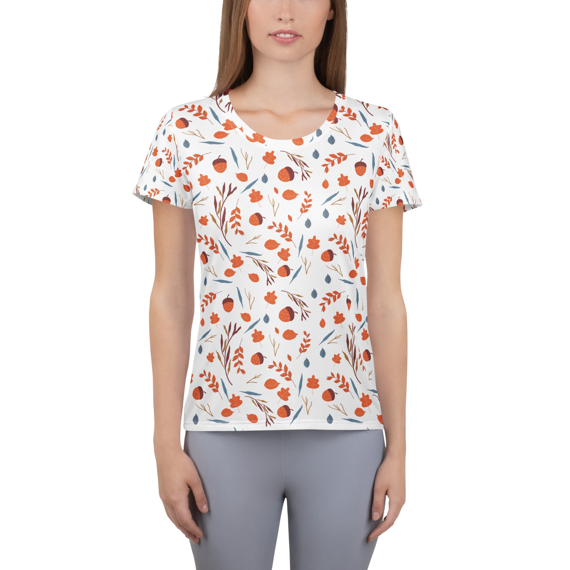 Women’s Fall Leaves & Acorns Performance Athletic T-Shirt - Lightweight Moisture Wicking Workout Top with UPF 50+