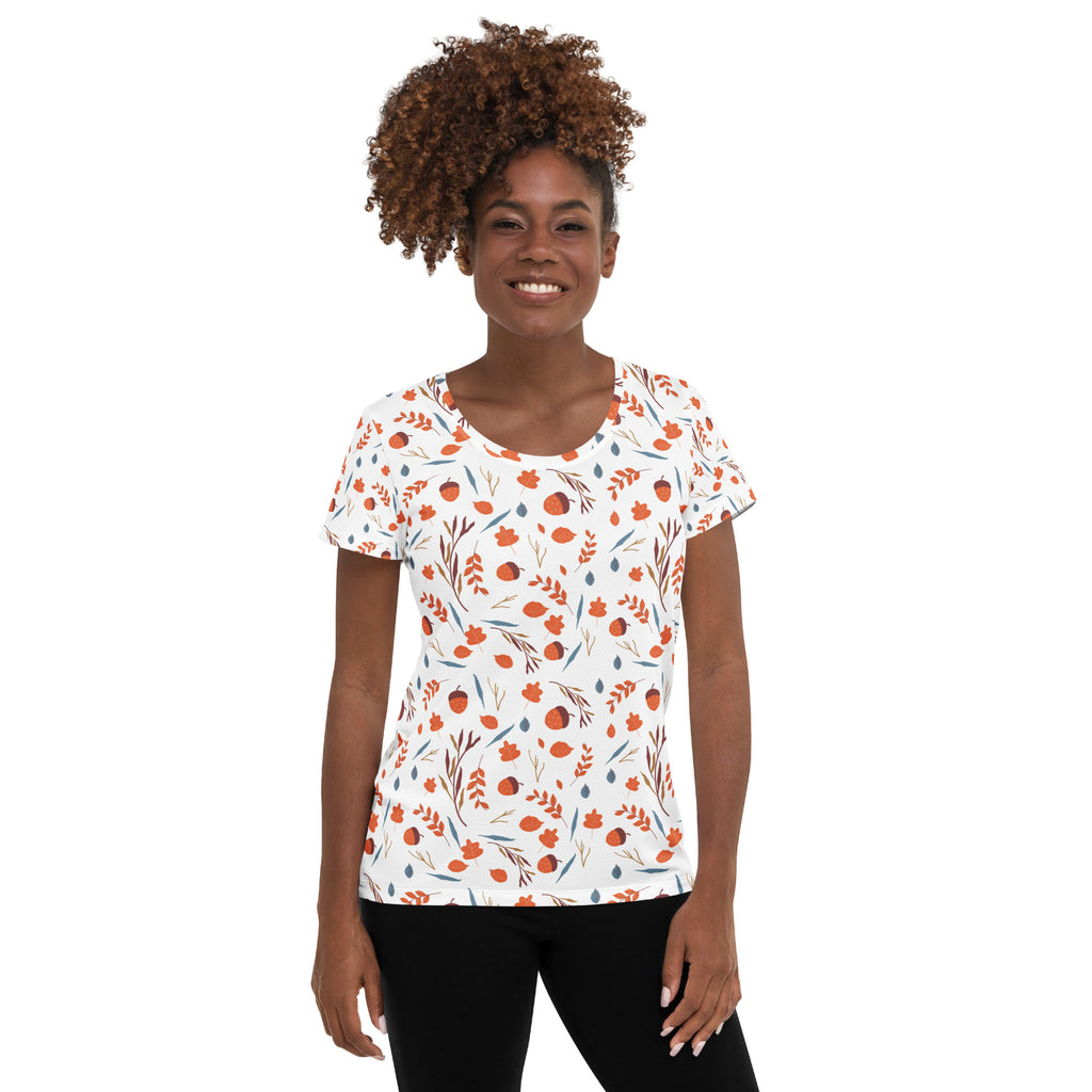 Women’s Fall Leaves & Acorns Performance Athletic T-Shirt - Lightweight Moisture Wicking Workout Top with UPF 50+