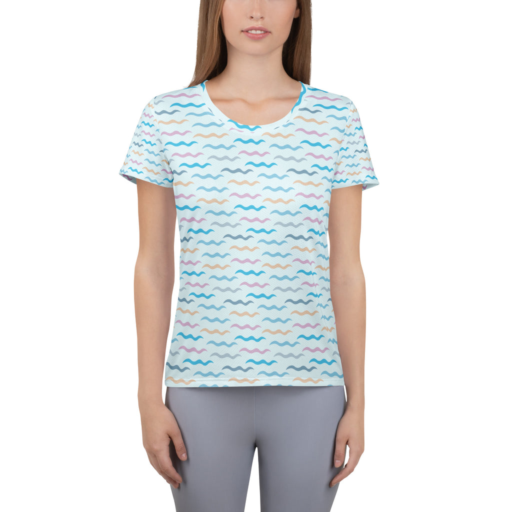 Women’s Pastel Wavy Stripe Performance Athletic T-Shirt - Lightweight Moisture Wicking Workout Top with UPF 50+