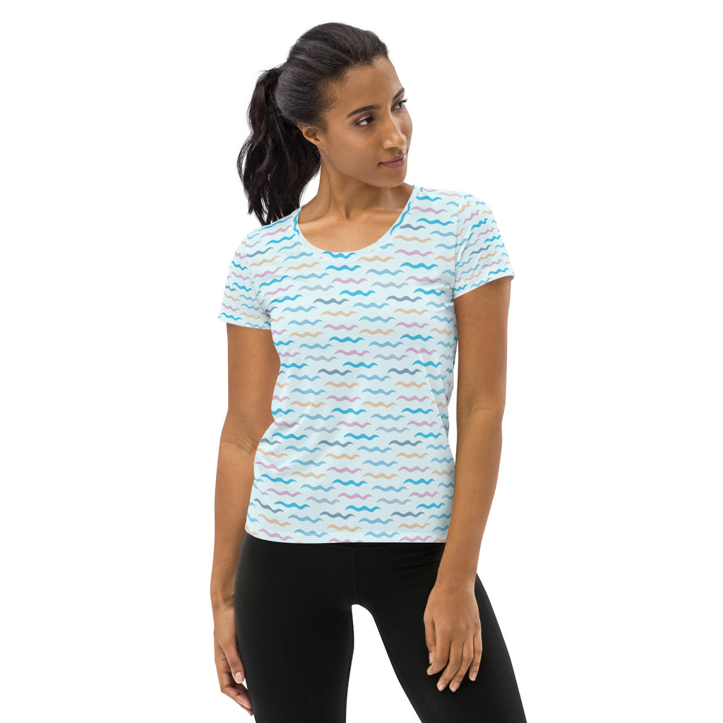 Women’s Pastel Wavy Stripe Performance Athletic T-Shirt - Lightweight Moisture Wicking Workout Top with UPF 50+