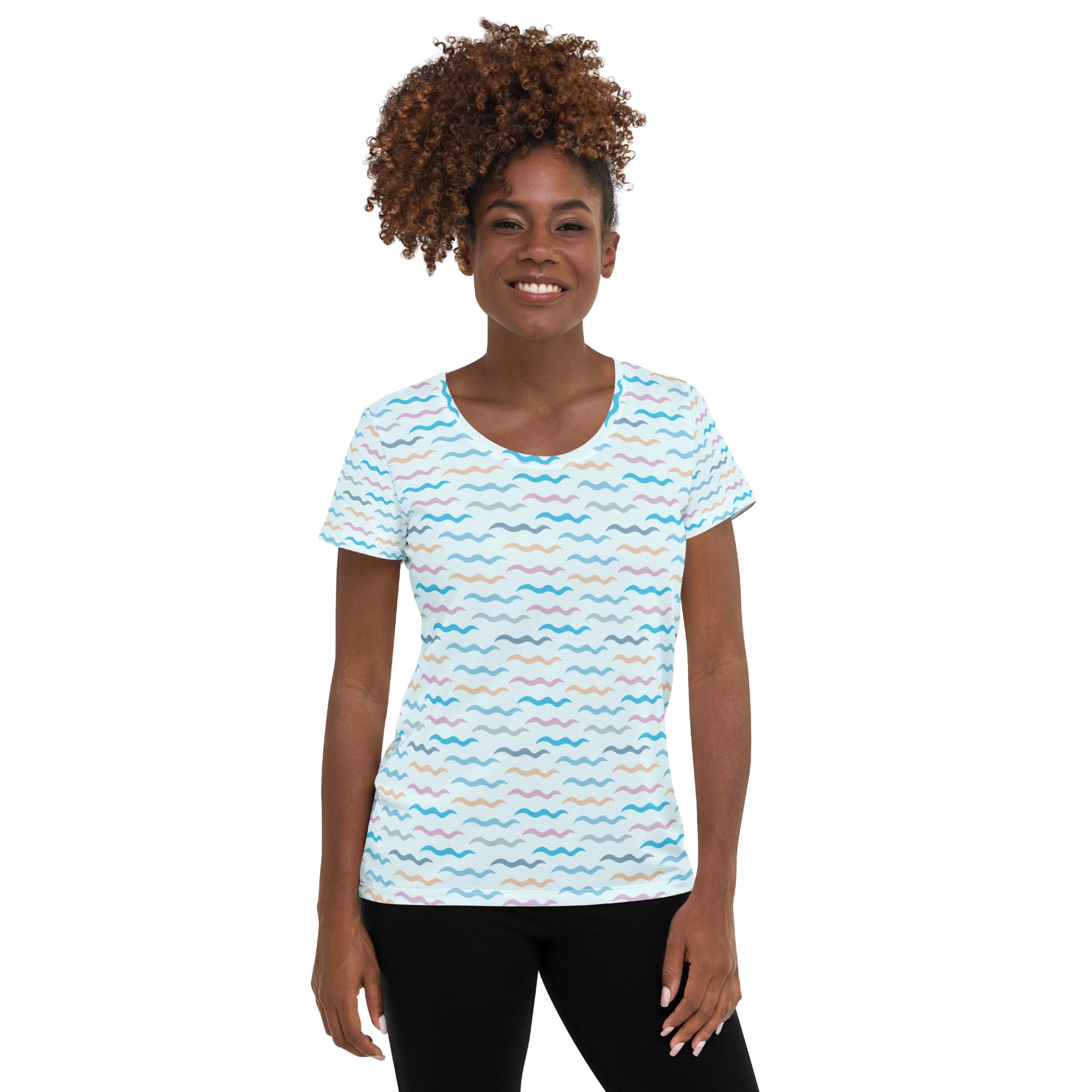Women’s Pastel Wavy Stripe Performance Athletic T-Shirt - Lightweight Moisture Wicking Workout Top with UPF 50+
