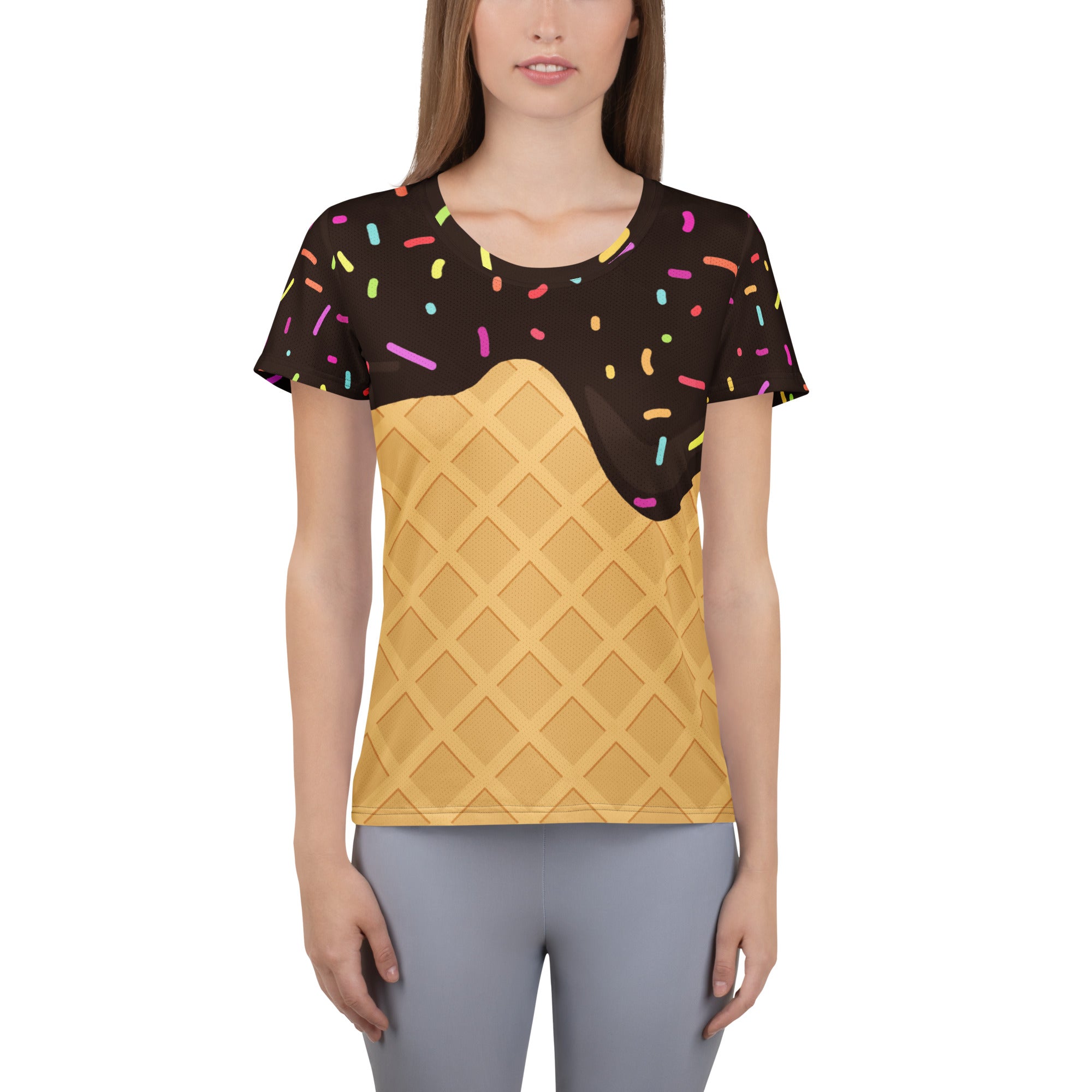 Women’s Chocolate Ice Cream Cone Performance Athletic T-Shirt - Lightweight Moisture Wicking Workout Top with UPF 50+