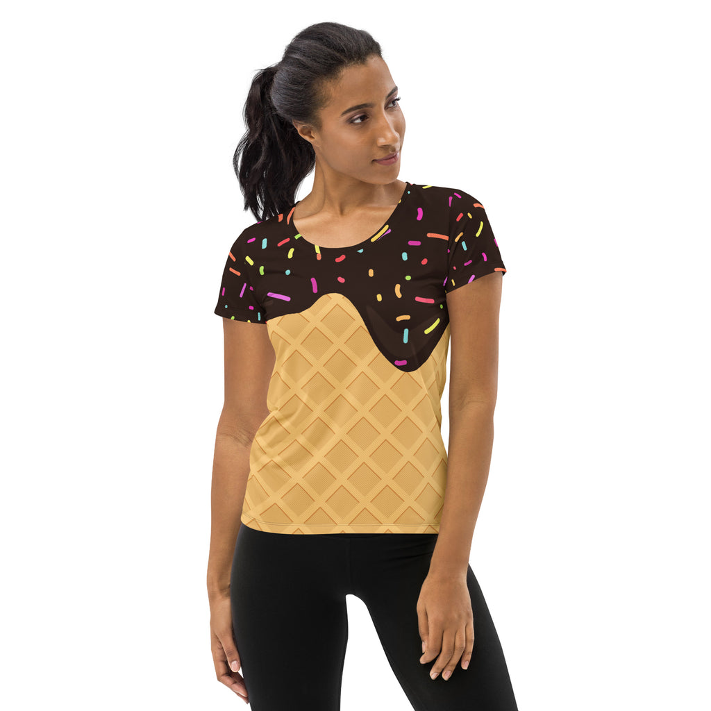 Women’s Chocolate Ice Cream Cone Performance Athletic T-Shirt - Lightweight Moisture Wicking Workout Top with UPF 50+