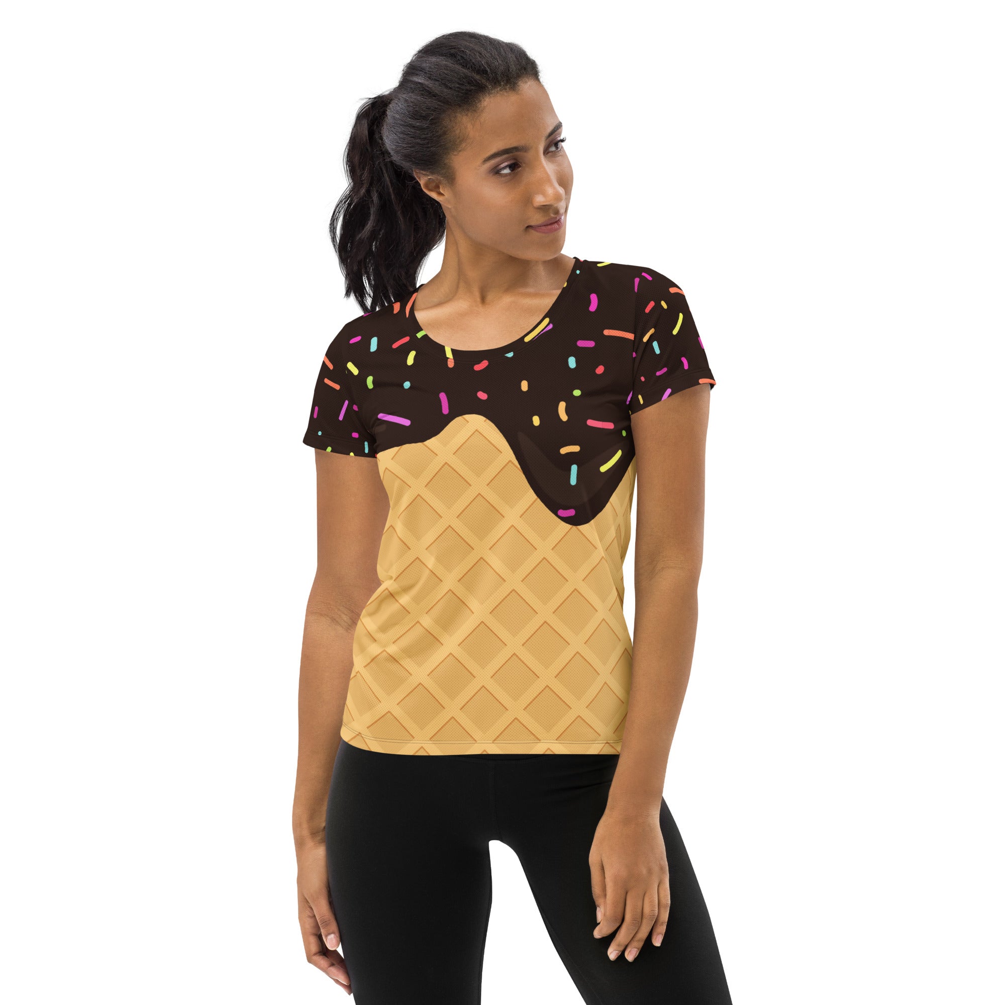 Women’s Chocolate Ice Cream Cone Performance Athletic T-Shirt - Lightweight Moisture Wicking Workout Top with UPF 50+