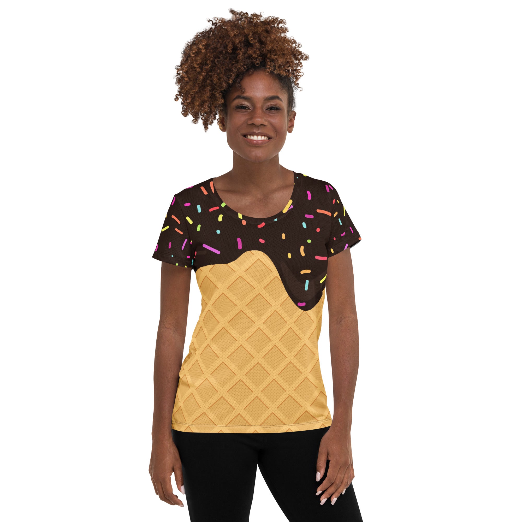 Women’s Chocolate Ice Cream Cone Performance Athletic T-Shirt - Lightweight Moisture Wicking Workout Top with UPF 50+