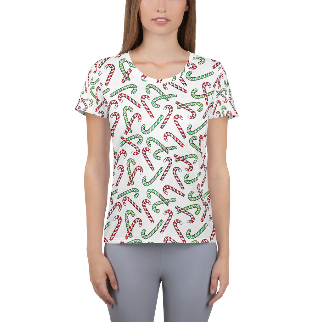 Women’s Red & Green Candy Cane Christmas Performance Athletic T-Shirt - Lightweight Moisture Wicking Workout Top with UPF 50+