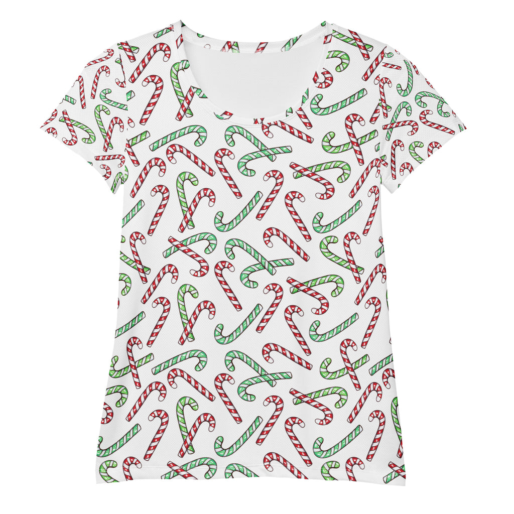 Women’s Red & Green Candy Cane Christmas Performance Athletic T-Shirt - Lightweight Moisture Wicking Workout Top with UPF 50+