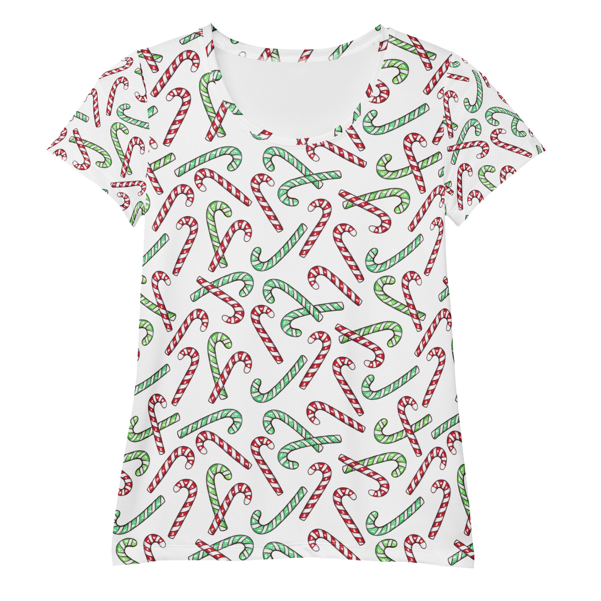 Women’s Red & Green Candy Cane Christmas Performance Athletic T-Shirt - Lightweight Moisture Wicking Workout Top with UPF 50+