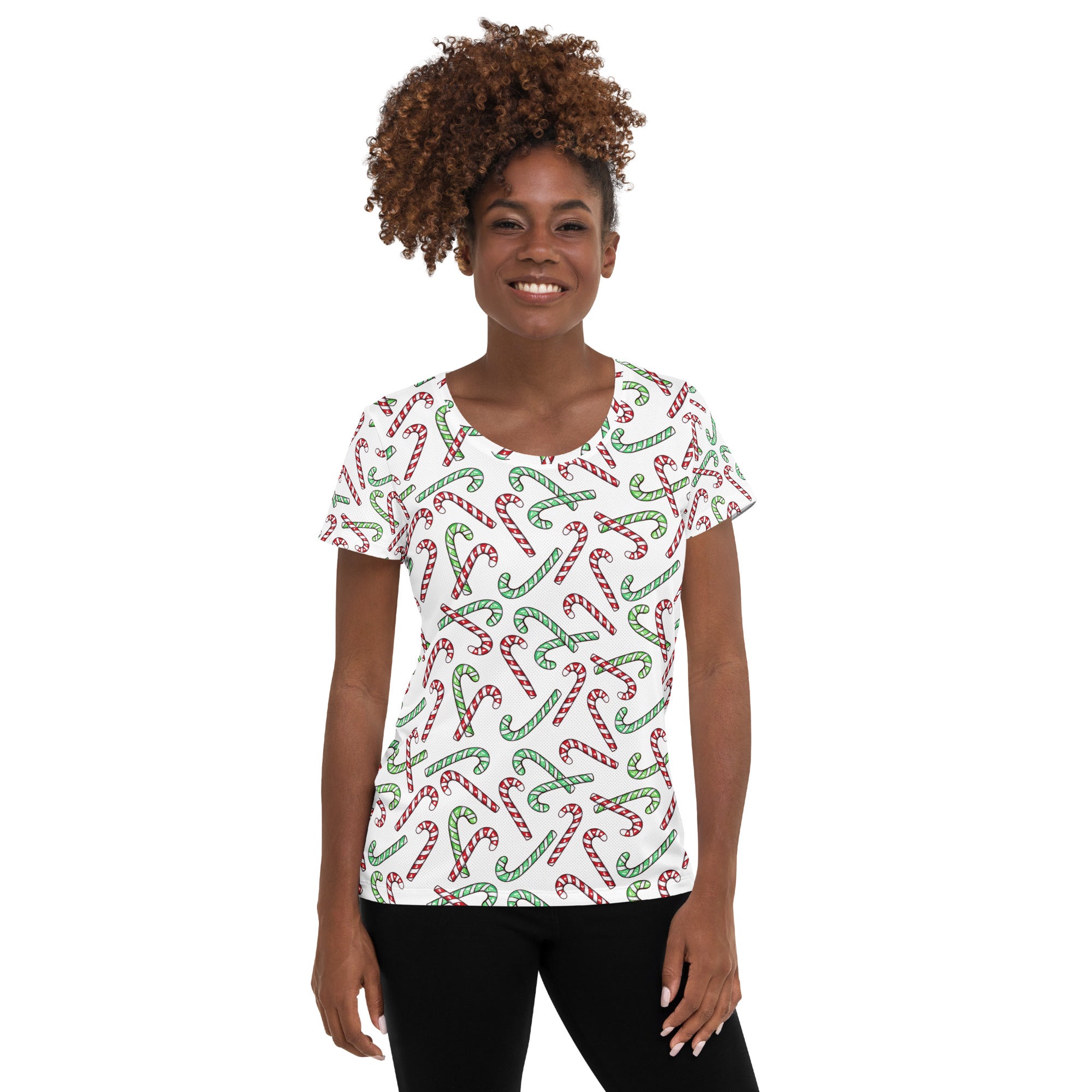 Women’s Red & Green Candy Cane Christmas Performance Athletic T-Shirt - Lightweight Moisture Wicking Workout Top with UPF 50+