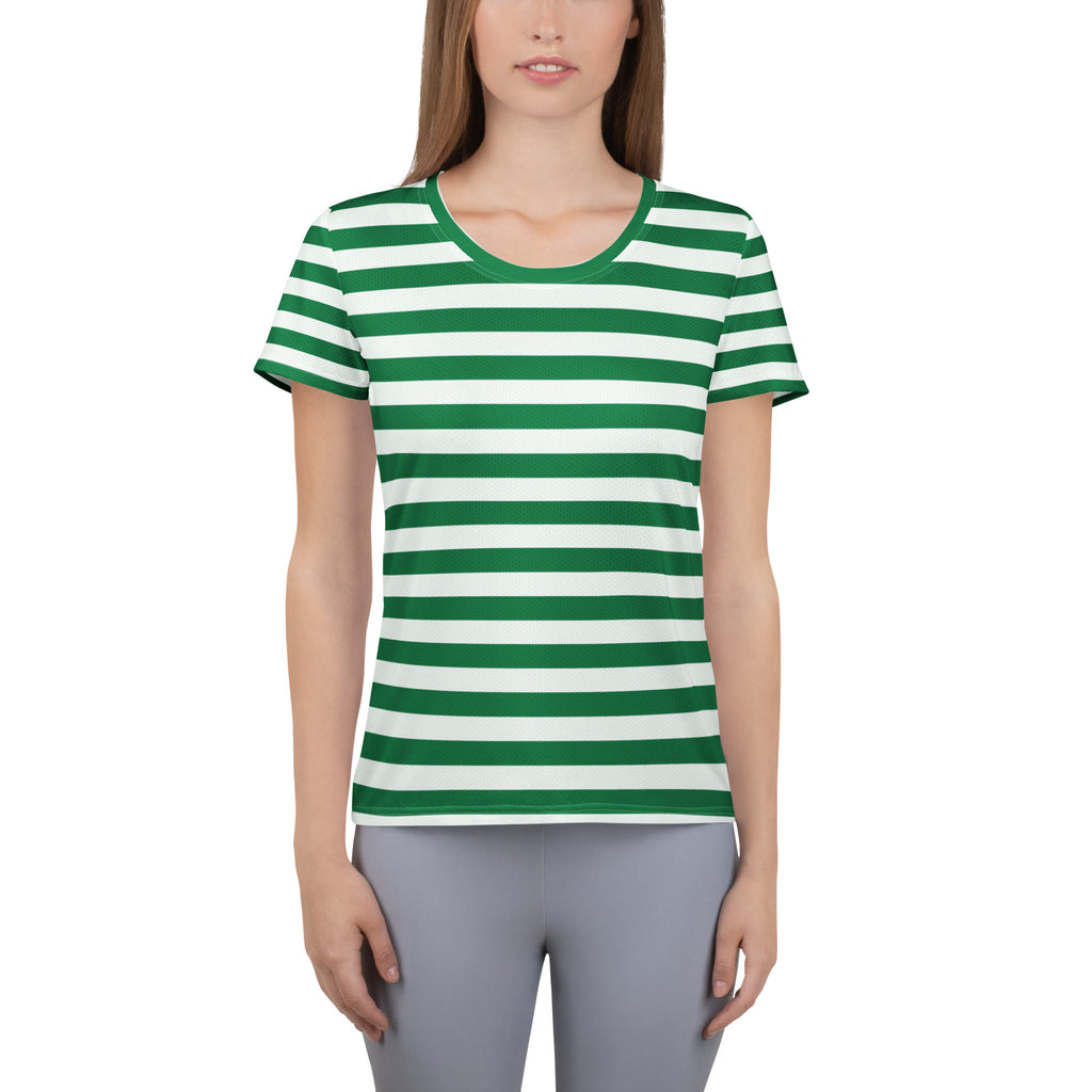 Women’s Striped Green Christmas Performance Athletic T-Shirt - Lightweight Moisture Wicking Workout Top with UPF 50+