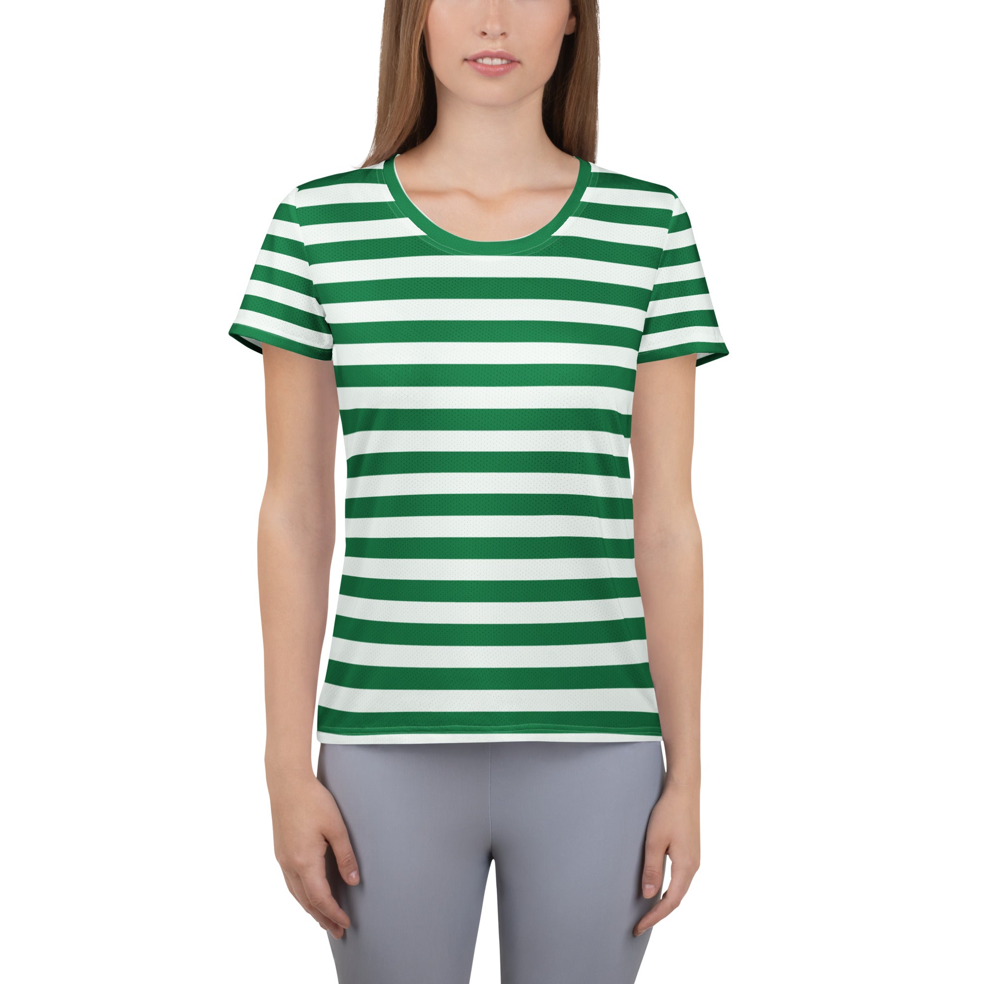Women’s Striped Green Christmas Performance Athletic T-Shirt - Lightweight Moisture Wicking Workout Top with UPF 50+