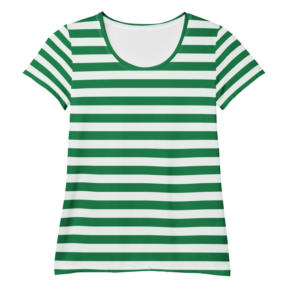 Women’s Striped Green Christmas Performance Athletic T-Shirt - Lightweight Moisture Wicking Workout Top with UPF 50+