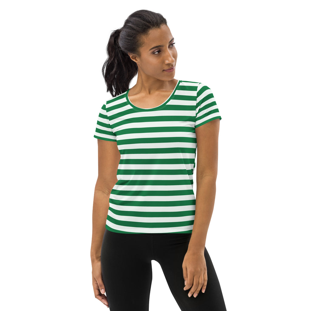 Women’s Striped Green Christmas Performance Athletic T-Shirt - Lightweight Moisture Wicking Workout Top with UPF 50+
