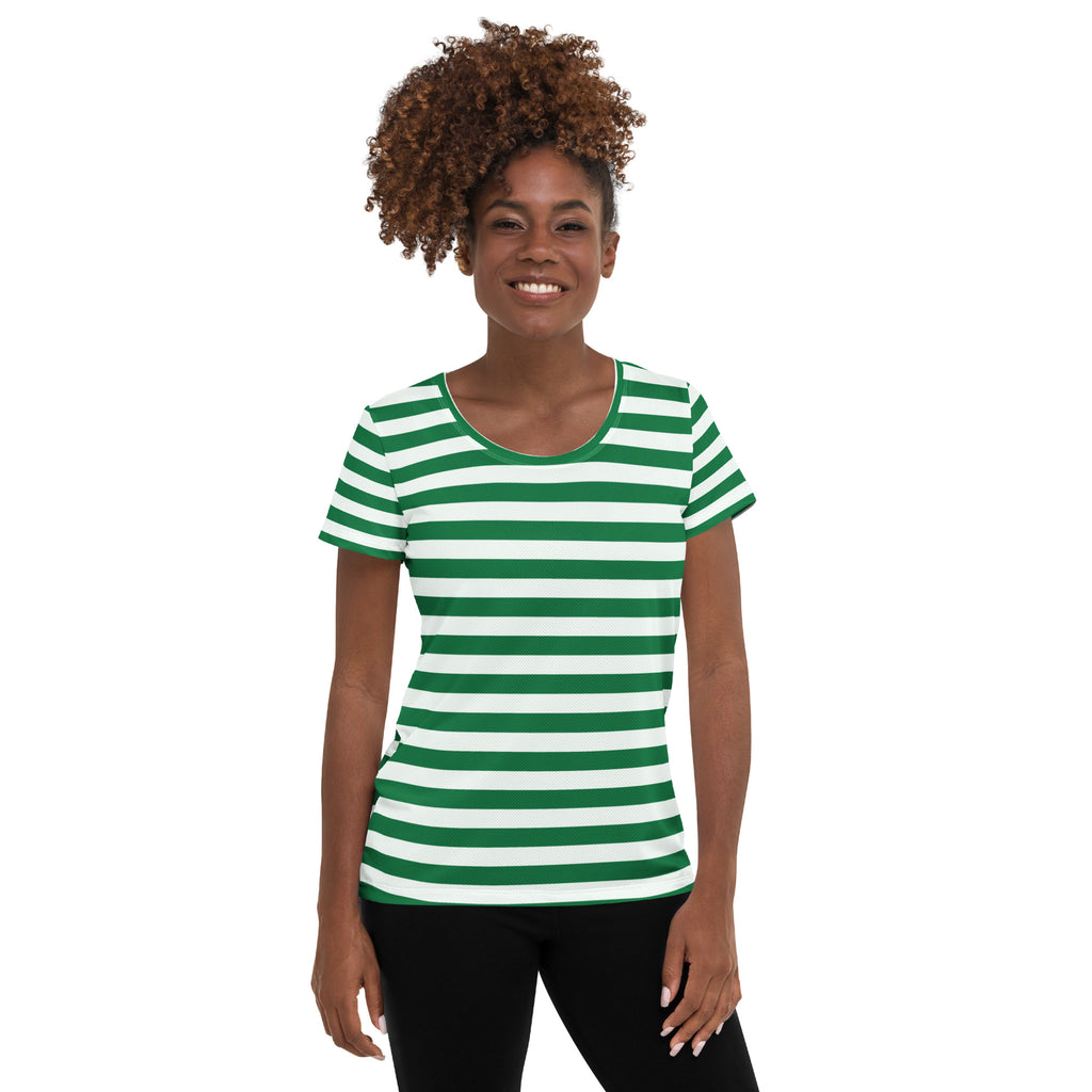 Women’s Striped Green Christmas Performance Athletic T-Shirt - Lightweight Moisture Wicking Workout Top with UPF 50+