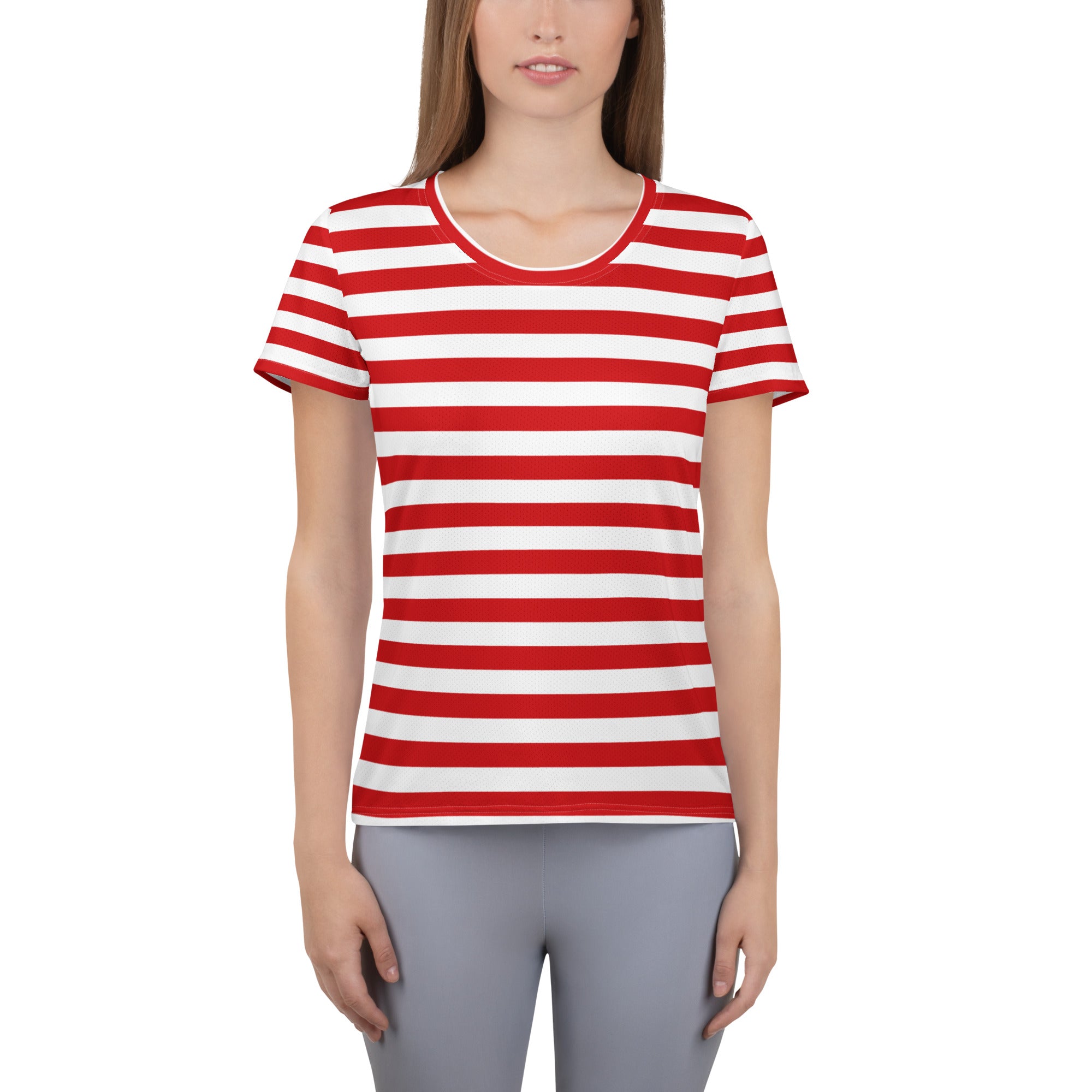 Women’s Striped Red Christmas Performance Athletic T-Shirt - Lightweight Moisture Wicking Workout Top with UPF 50+
