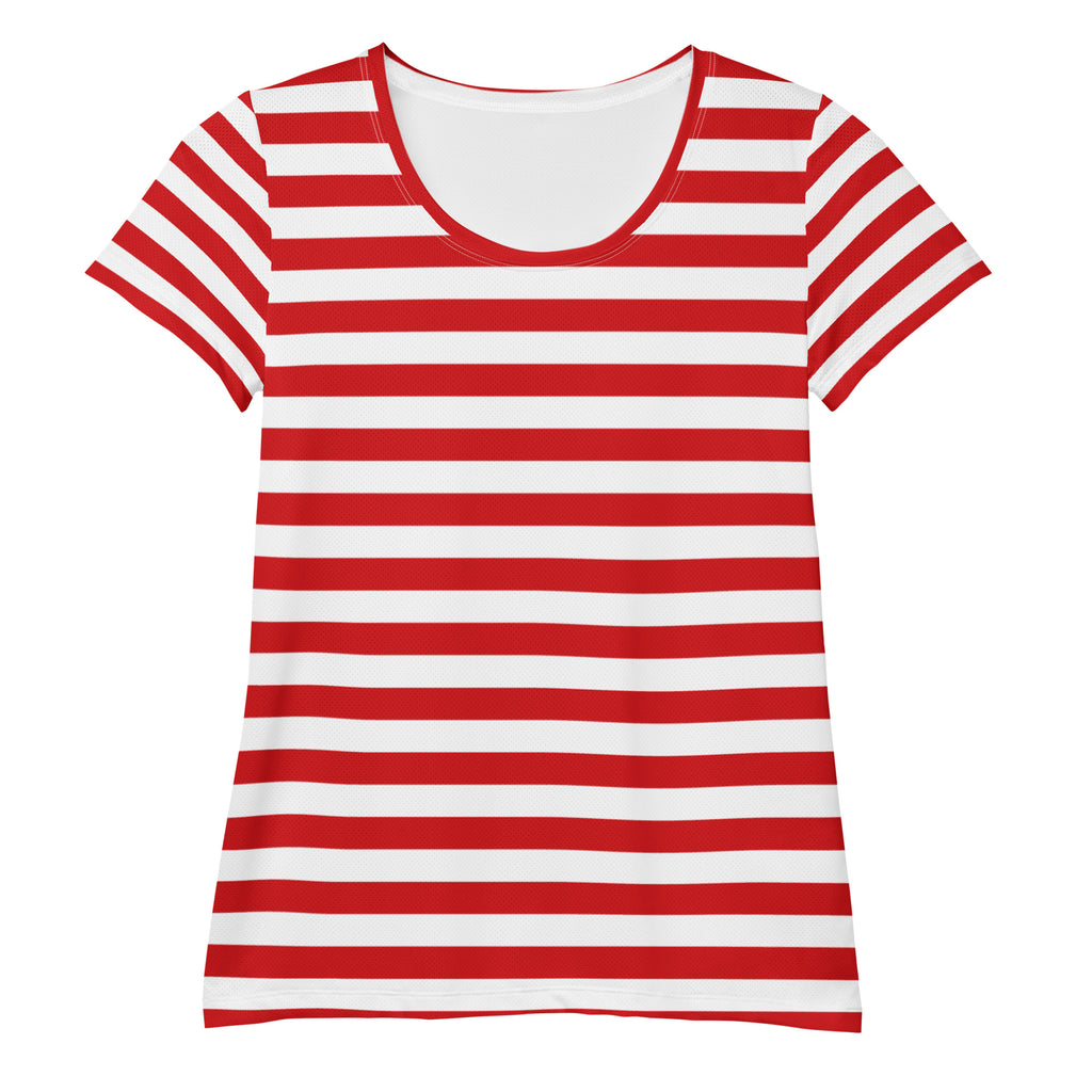 Women’s Striped Red Christmas Performance Athletic T-Shirt - Lightweight Moisture Wicking Workout Top with UPF 50+
