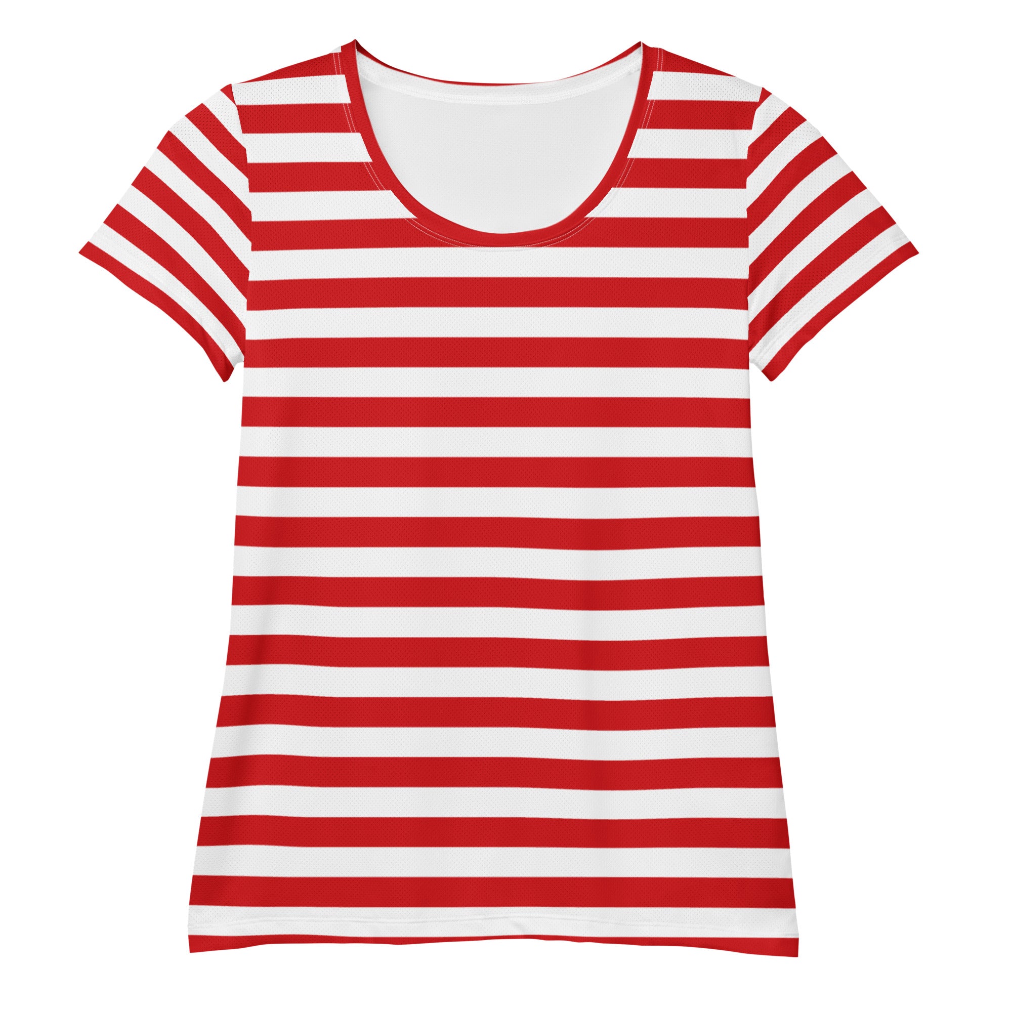 Women’s Striped Red Christmas Performance Athletic T-Shirt - Lightweight Moisture Wicking Workout Top with UPF 50+