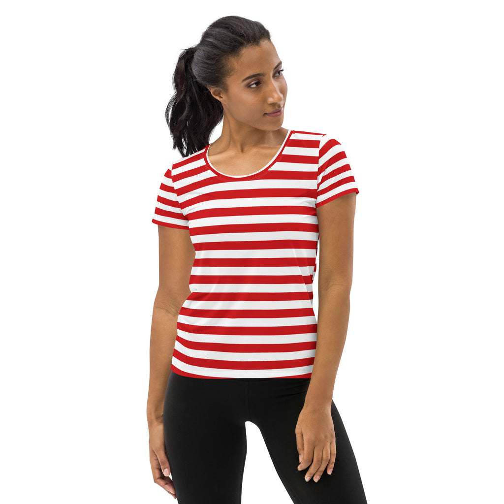 Women’s Striped Red Christmas Performance Athletic T-Shirt - Lightweight Moisture Wicking Workout Top with UPF 50+