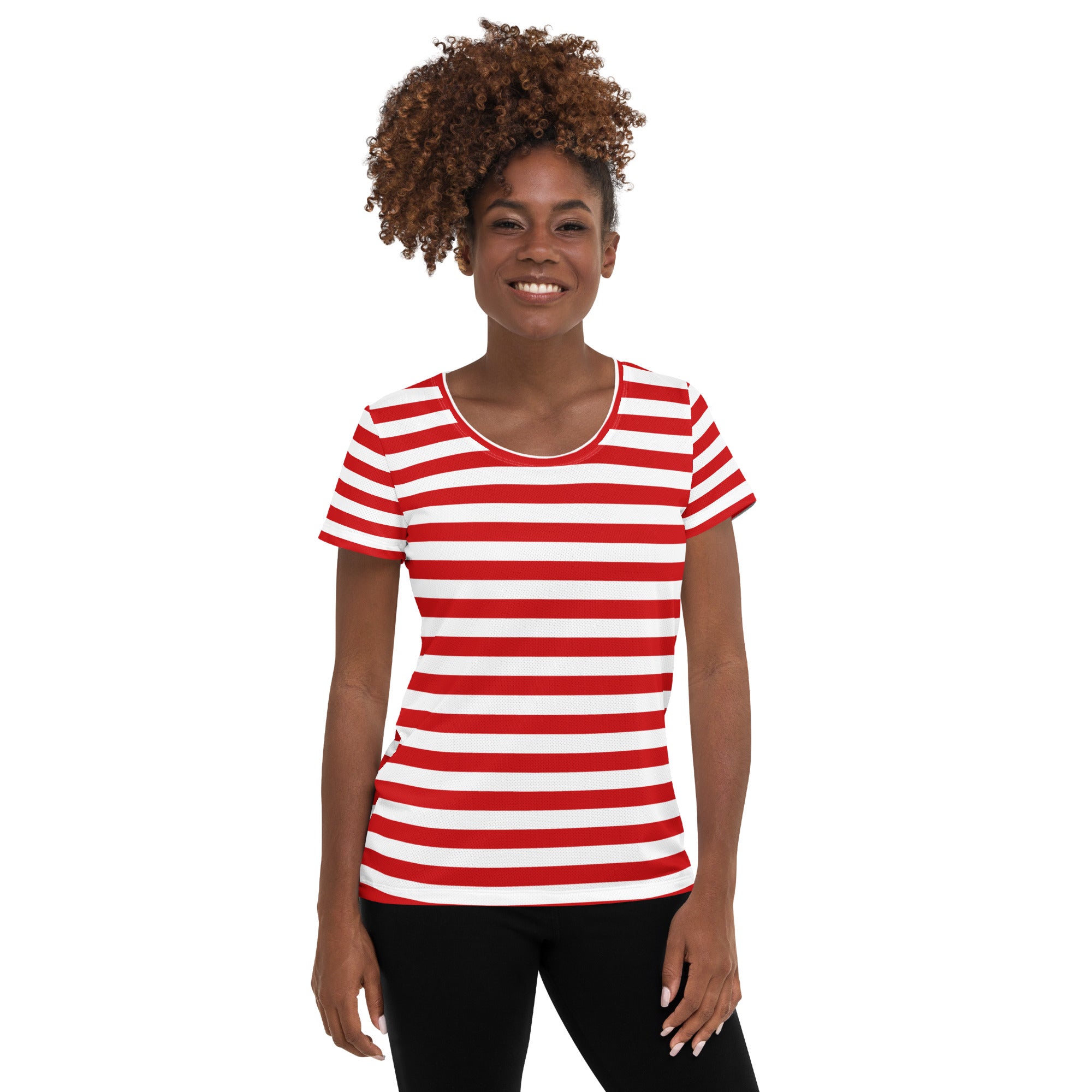 Women’s Striped Red Christmas Performance Athletic T-Shirt - Lightweight Moisture Wicking Workout Top with UPF 50+