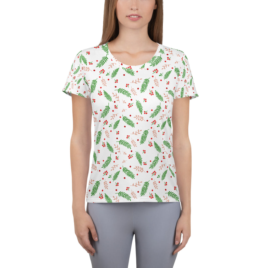 Women’s Christmas Holly Berry Performance Athletic T-Shirt - Lightweight Moisture Wicking Workout Top with UPF 50+
