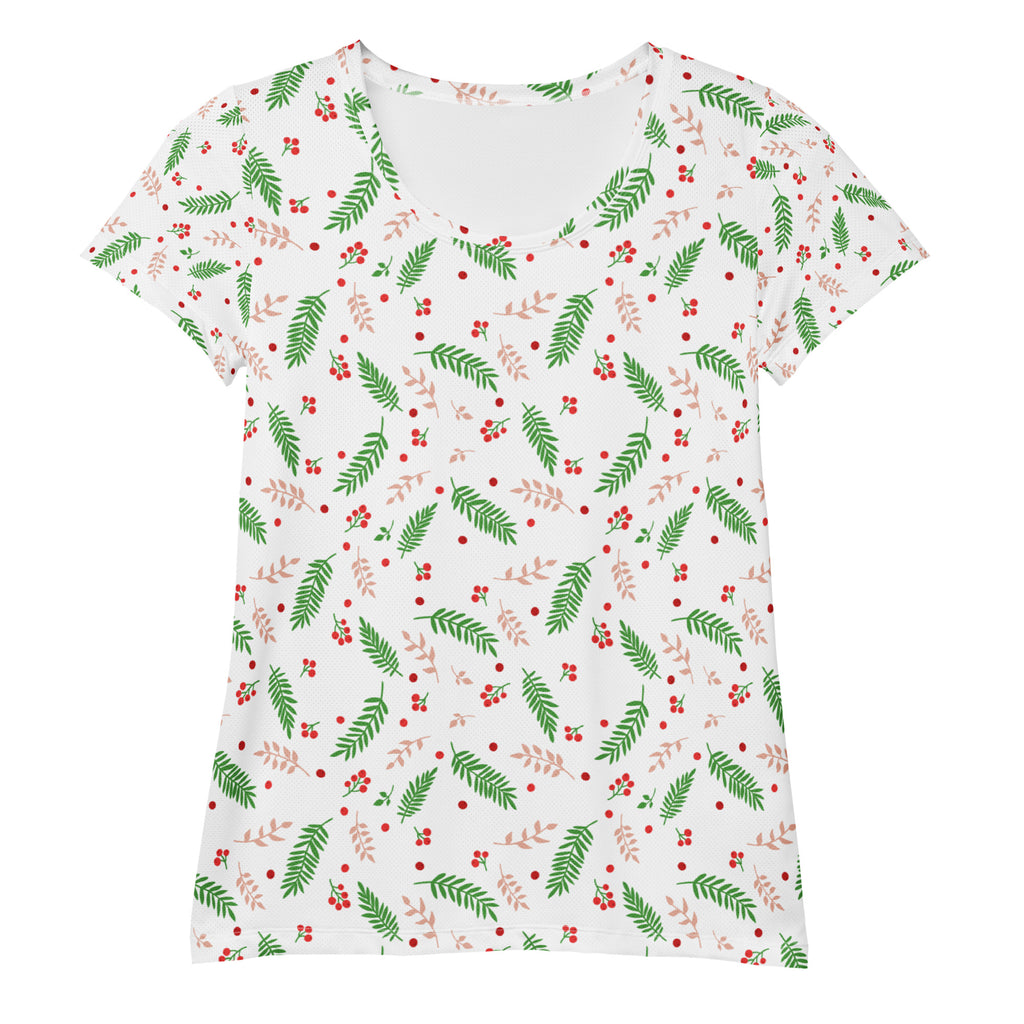 Women’s Christmas Holly Berry Performance Athletic T-Shirt - Lightweight Moisture Wicking Workout Top with UPF 50+