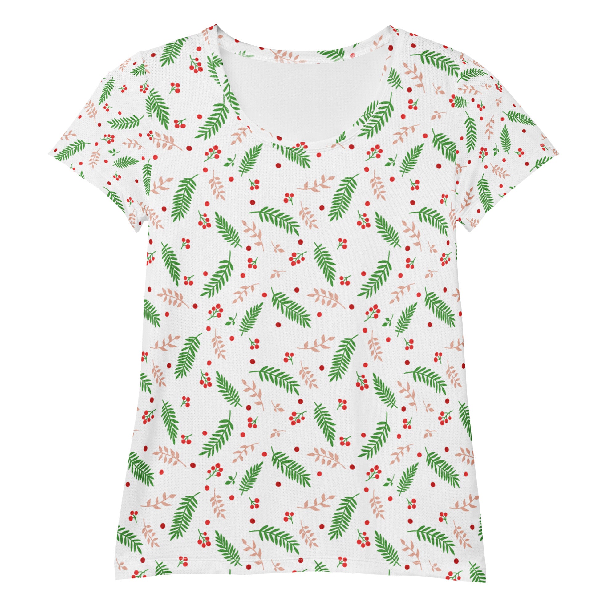 Women’s Christmas Holly Berry Performance Athletic T-Shirt - Lightweight Moisture Wicking Workout Top with UPF 50+