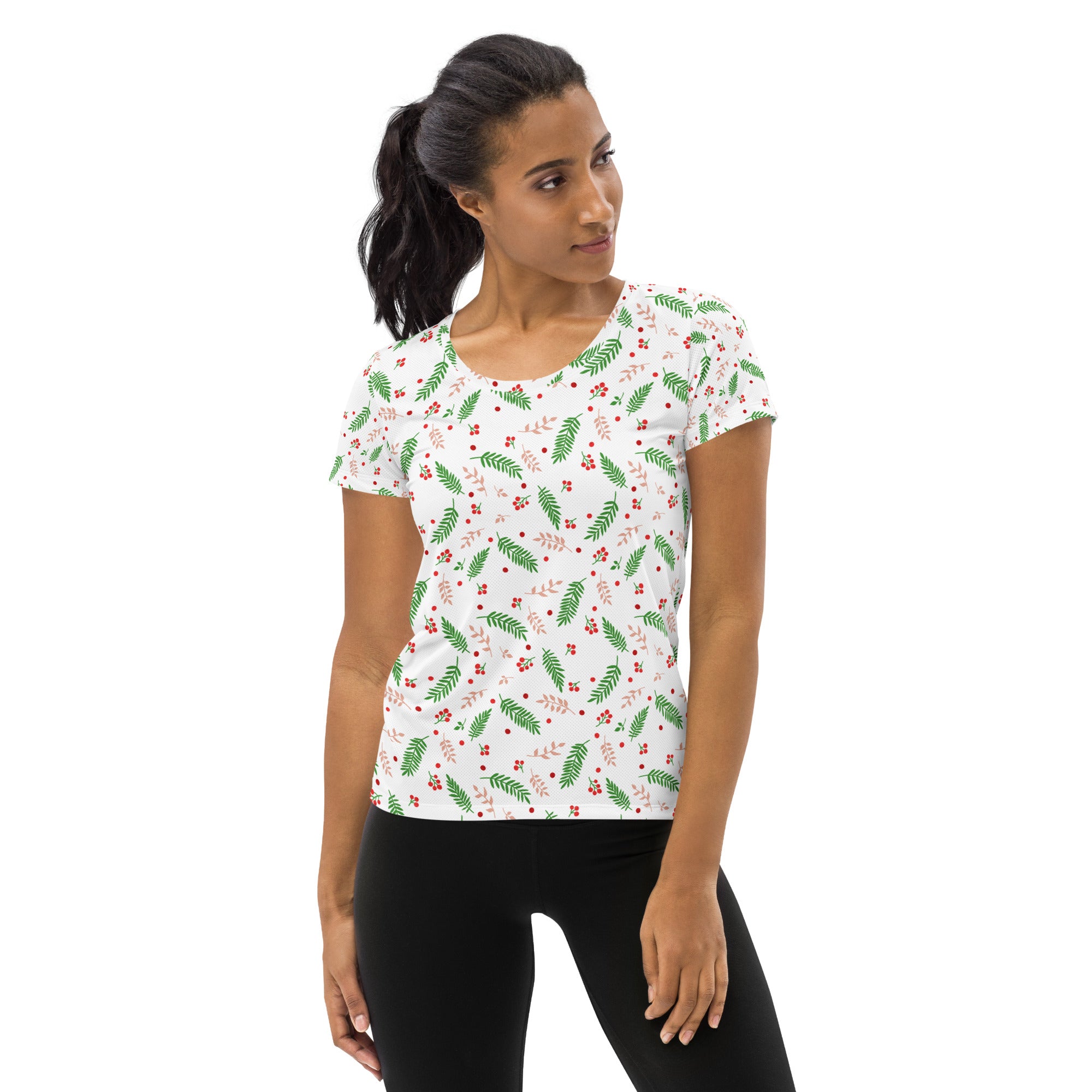 Women’s Christmas Holly Berry Performance Athletic T-Shirt - Lightweight Moisture Wicking Workout Top with UPF 50+