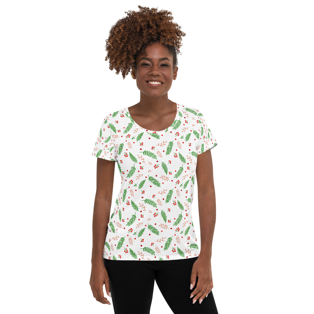 Women’s Christmas Holly Berry Performance Athletic T-Shirt - Lightweight Moisture Wicking Workout Top with UPF 50+
