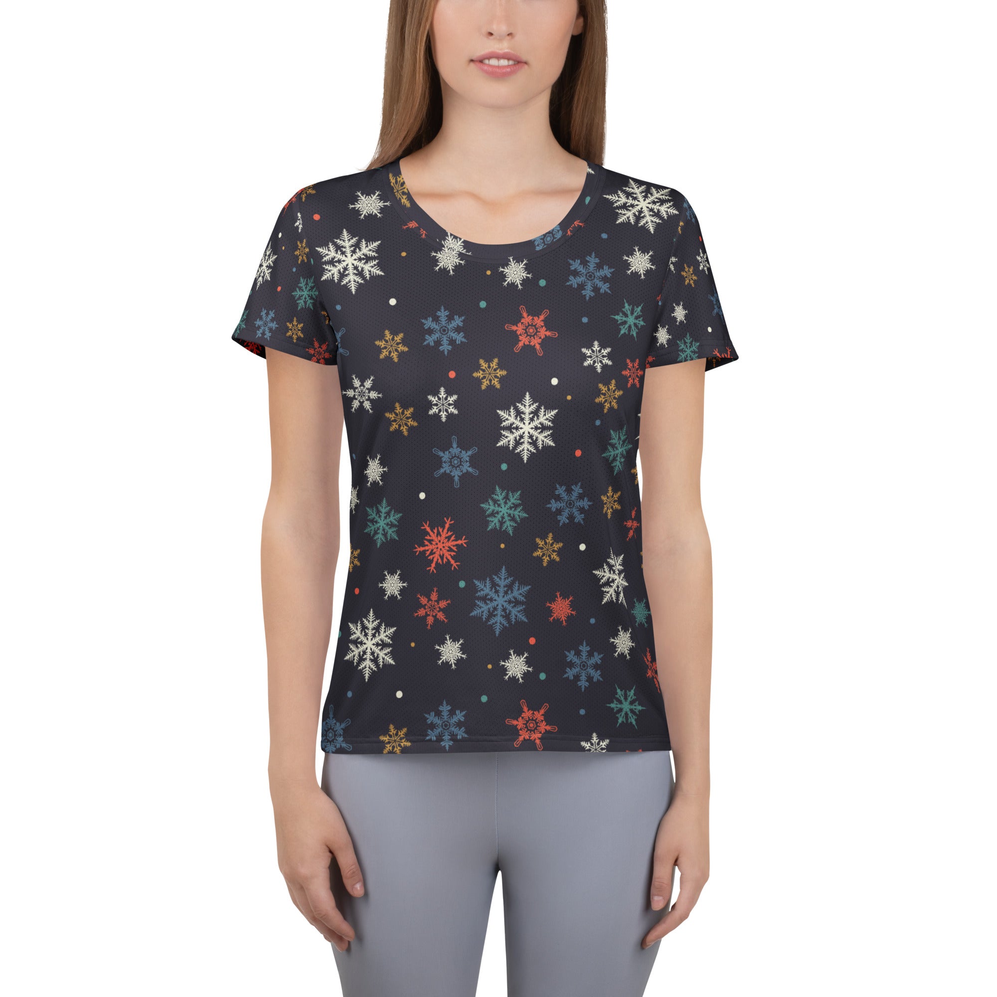 Women’s Colorful Snowflake Performance Athletic T-Shirt - Lightweight Moisture Wicking Workout Top with UPF 50+