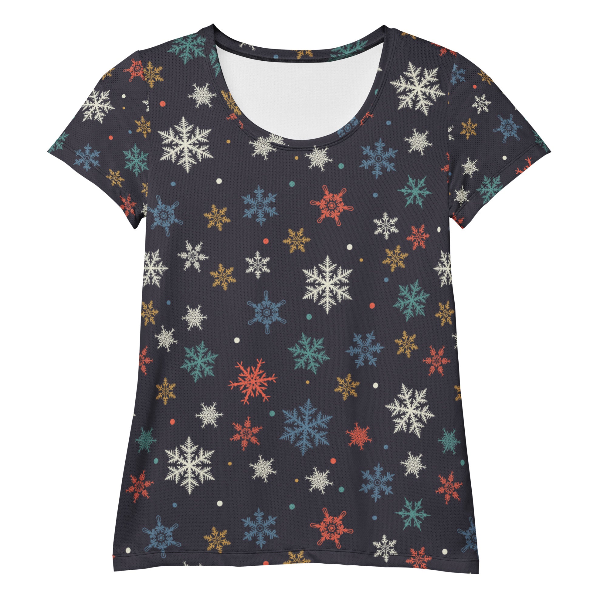 Women’s Colorful Snowflake Performance Athletic T-Shirt - Lightweight Moisture Wicking Workout Top with UPF 50+