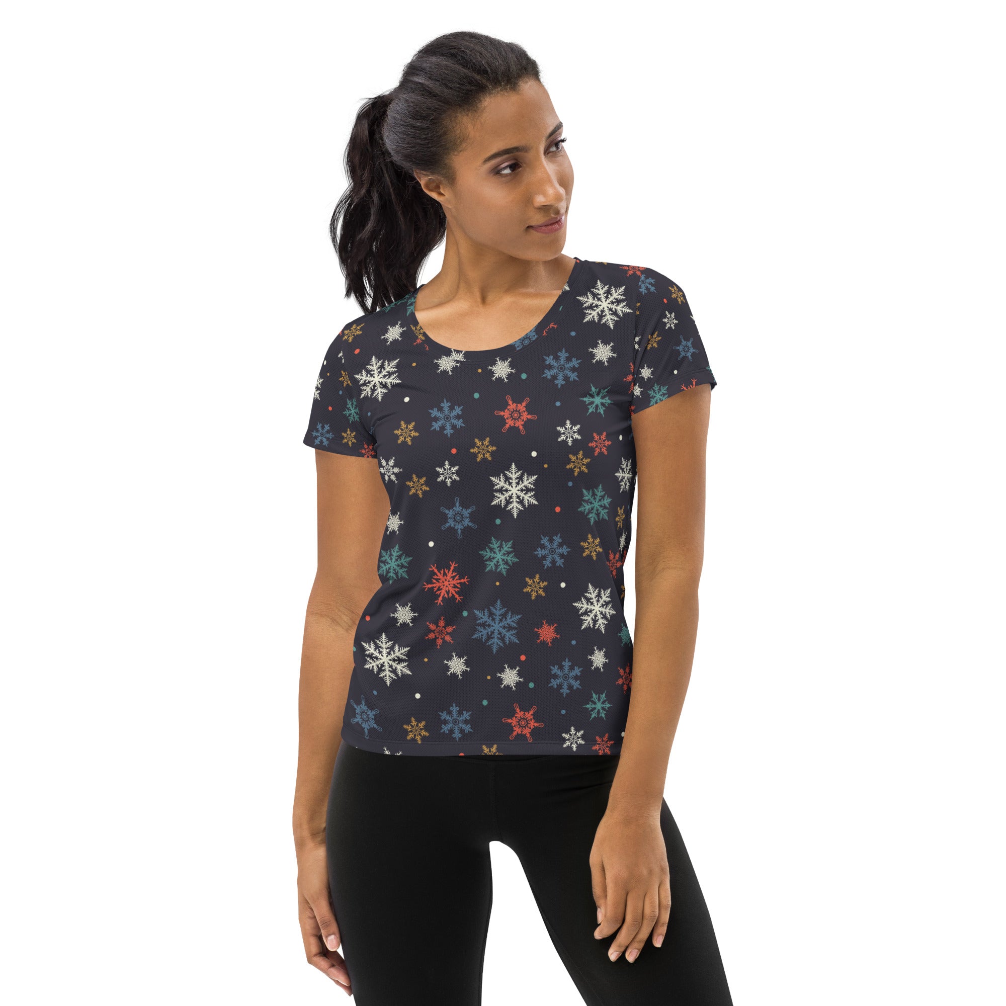 Women’s Colorful Snowflake Performance Athletic T-Shirt - Lightweight Moisture Wicking Workout Top with UPF 50+