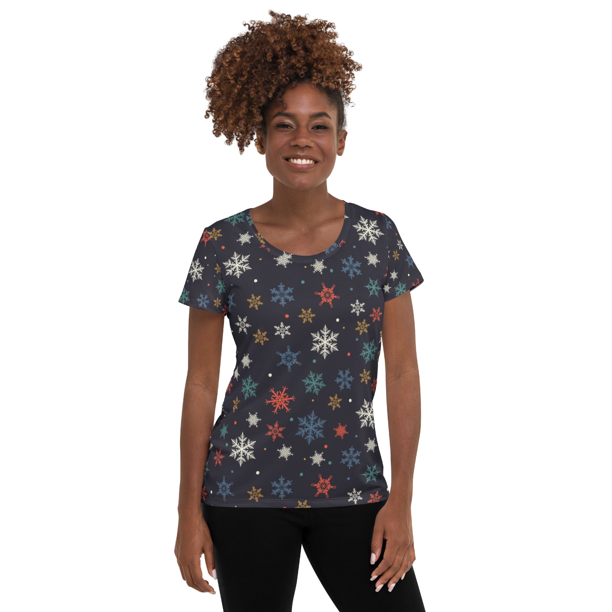 Women’s Colorful Snowflake Performance Athletic T-Shirt - Lightweight Moisture Wicking Workout Top with UPF 50+