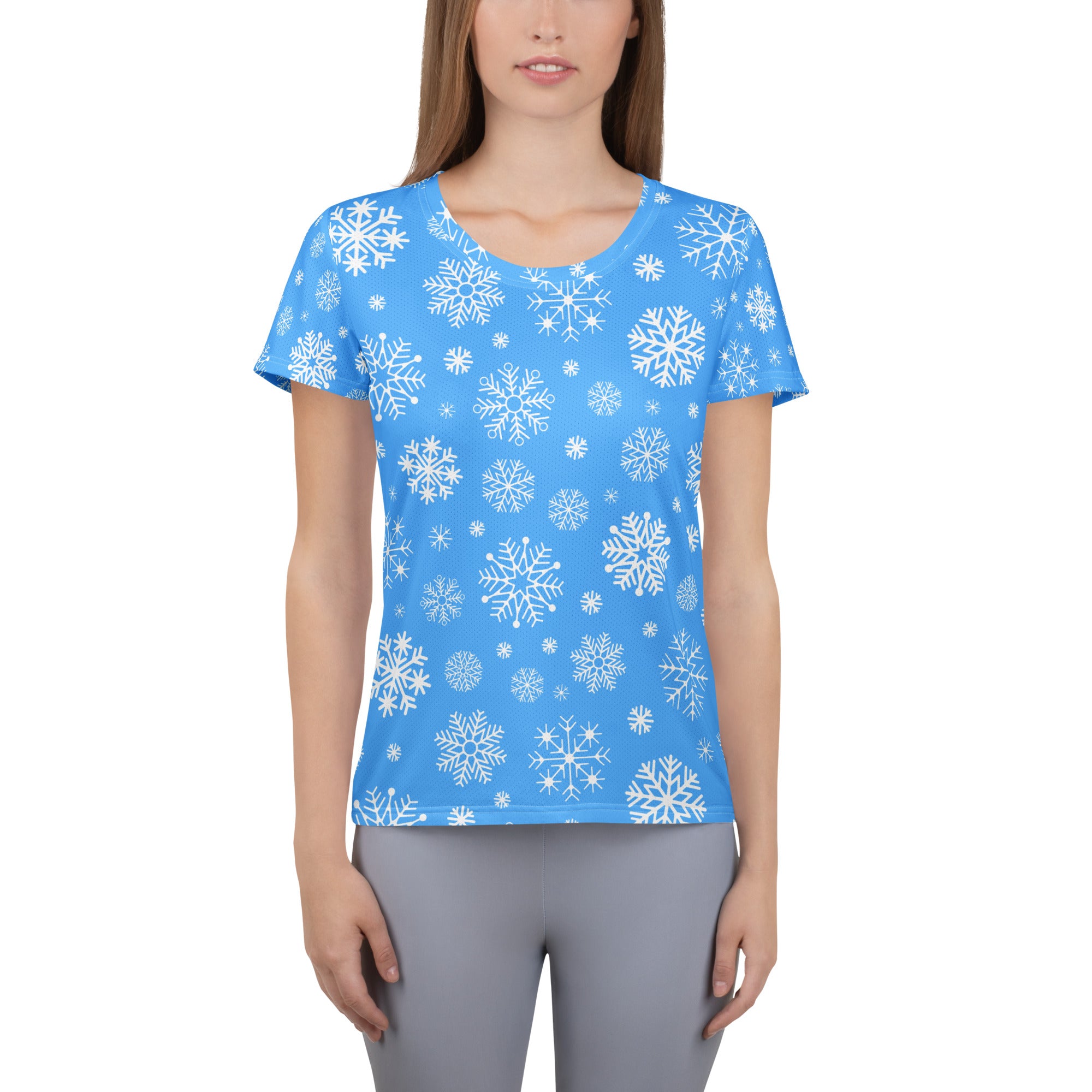 Women’s Blue Snowflake Performance Athletic T-Shirt - Lightweight Moisture Wicking Workout Top with UPF 50+