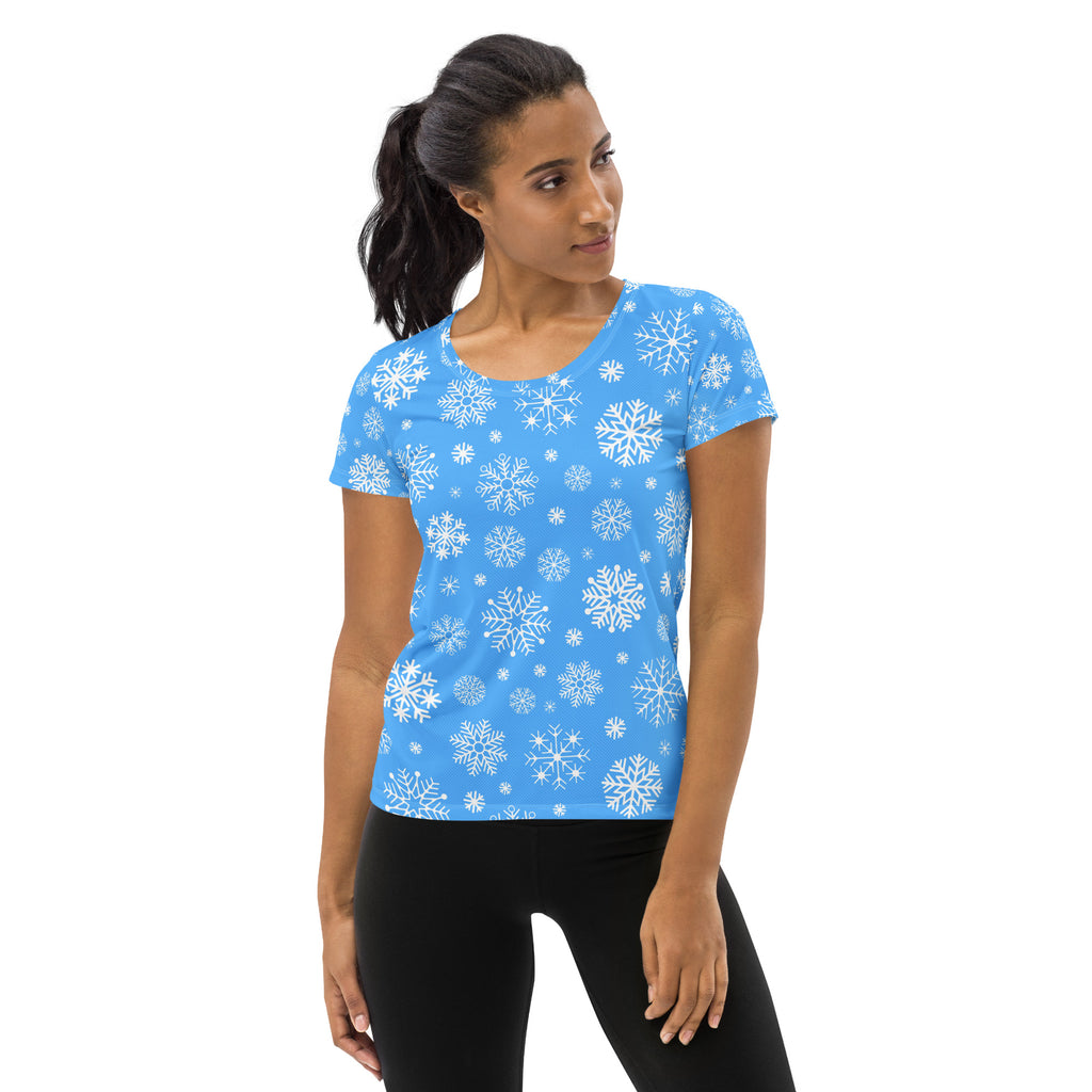 Women’s Blue Snowflake Performance Athletic T-Shirt - Lightweight Moisture Wicking Workout Top with UPF 50+