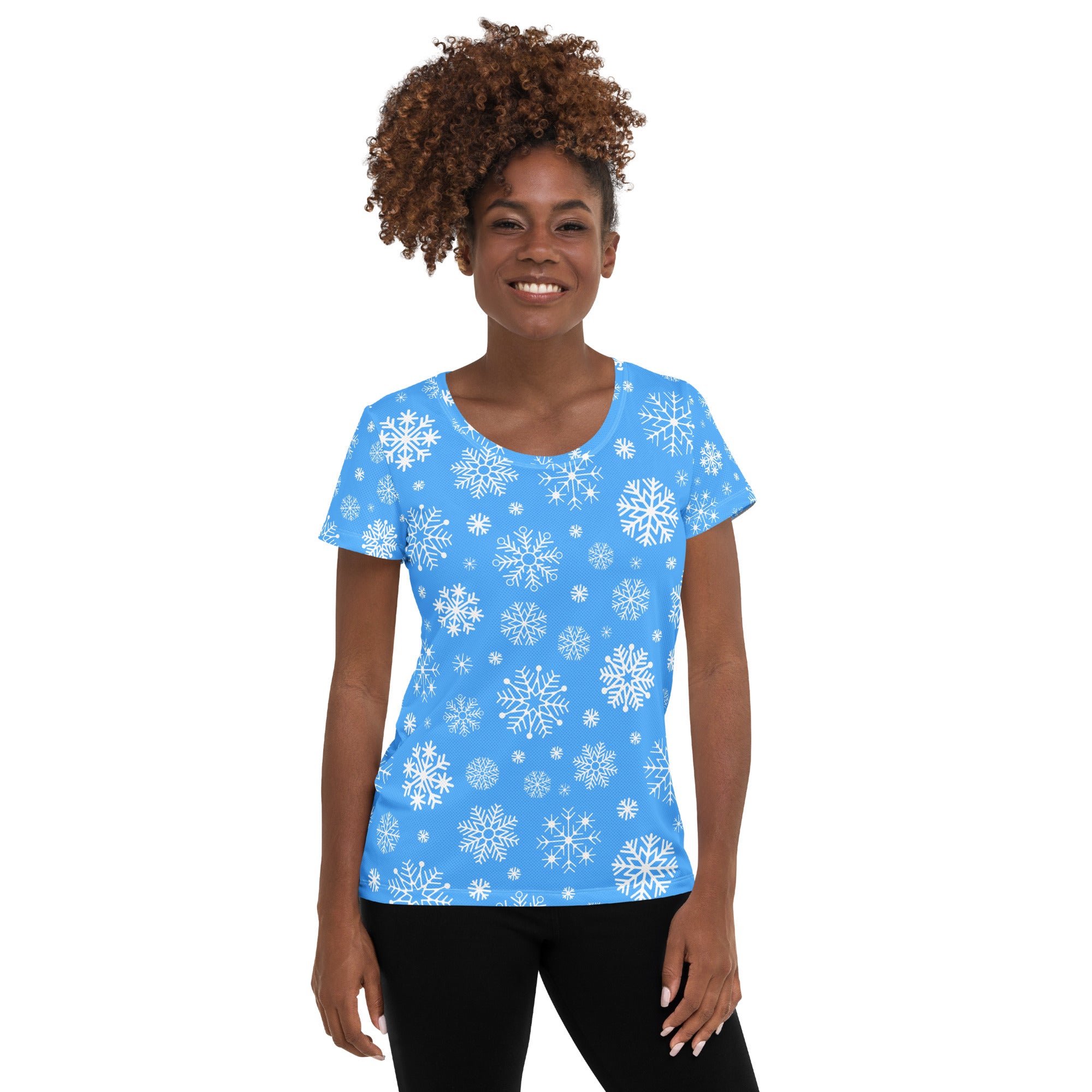 Women’s Blue Snowflake Performance Athletic T-Shirt - Lightweight Moisture Wicking Workout Top with UPF 50+