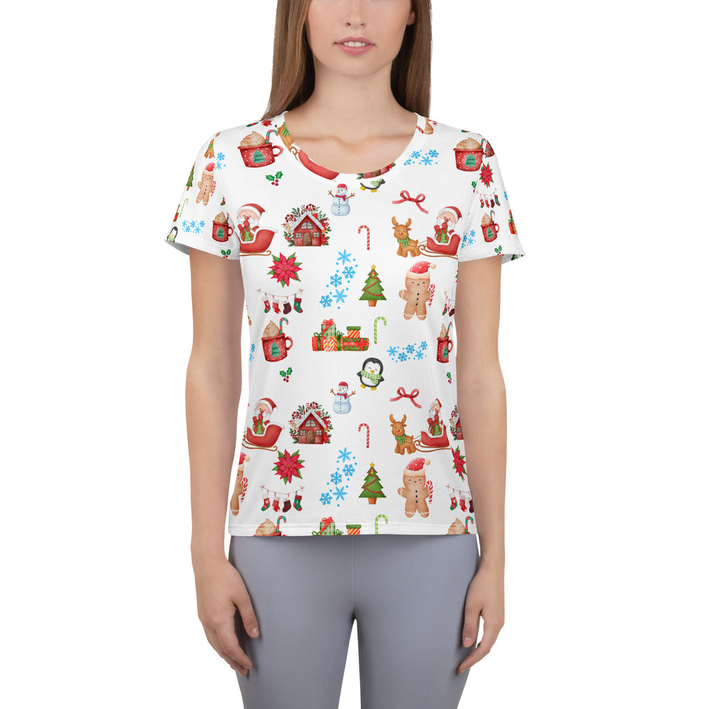 Women’s Christmas Themed Performance Athletic T-Shirt - Lightweight Moisture Wicking Workout Top with UPF 50+